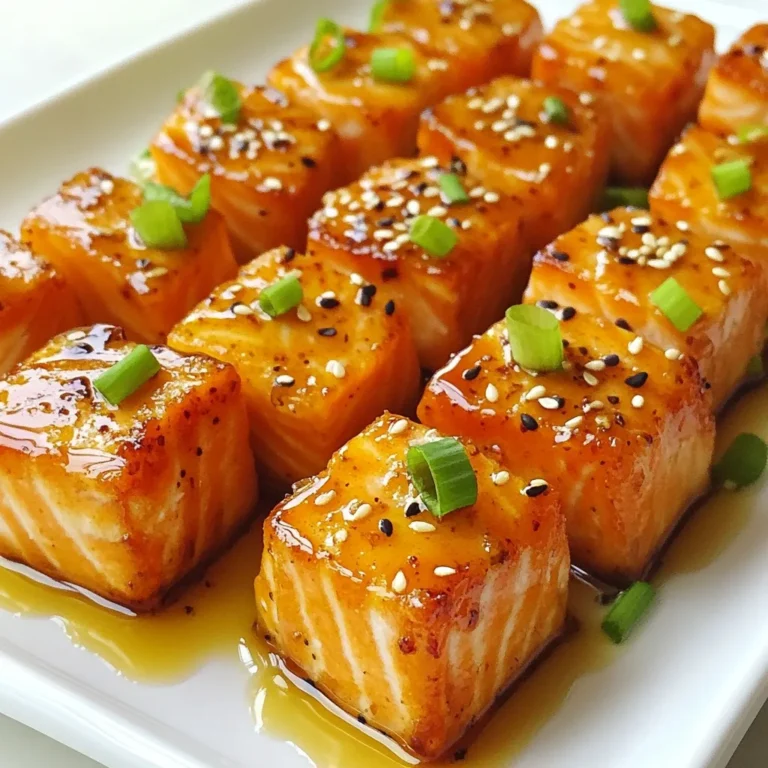- Salmon fillet details: Use 1 pound of skinless salmon. Cut it into bite-sized cubes. Fresh salmon gives the best taste. - Honey and soy sauce: Combine 3 tablespoons of honey and 3 tablespoons of soy sauce. This mix creates a sweet and salty flavor. - Garlic and ginger: Use 2 cloves of minced garlic and 1 tablespoon of grated fresh ginger. These add depth to the dish. - Green onions: Slice 2 green onions thinly. They add a nice crunch and fresh taste. - Sesame seeds: Use sesame seeds for garnish. They bring a nutty flavor and a beautiful look. - Salt and pepper: Add salt and pepper to taste. These simple seasonings enhance all the flavors. {{ingredient_image_1}} To start, you need to mix the marinade. In a bowl, whisk together three tablespoons of honey, three tablespoons of soy sauce, two minced garlic cloves, one tablespoon of grated ginger, and one tablespoon of sesame oil. This blend gives the salmon its sweet and savory taste. Marination time is key. Let the salmon cubes sit in this mixture for at least 15 minutes. If you can, marinate them for up to an hour in the fridge. This time allows the flavors to soak in, making each bite more delicious. Next, heat your skillet over medium-high heat. You want it hot, but not smoking. Once ready, add your marinated salmon pieces. Be sure to keep some marinade aside for later. Sear each side for about 2 to 3 minutes. You want a nice golden color and a cooked-through center. The salmon should feel firm but tender. Now, it's time to thicken the sauce. If you like, add the reserved marinade to the skillet. Cook it for an additional 1 to 2 minutes. This step helps create a richer flavor. Season with salt and pepper to taste. Finally, take the salmon off the heat. Garnish it with sliced green onions and sesame seeds. This adds a fresh look and crunch to your dish. Serve it hot and enjoy every bite! To get a great glaze on your honey garlic salmon bites, caramelization is key. Start with a hot skillet. This helps seal in the flavors. Sear each piece for 2-3 minutes. Look for a golden color on the outside. If you want to adjust the sweetness, add more honey or soy sauce. Balance is important. Taste as you go. For leftovers, let the salmon cool completely. Place it in an airtight container. This keeps it fresh. Store it in the fridge for up to three days. When reheating, a skillet is best. Heat it on medium. Add a splash of water or broth to keep it moist. Avoid microwaving, as it can dry out the salmon. You need a few tools for this recipe. A sharp knife makes cutting the salmon easier. Use a mixing bowl for the marinade. A whisk helps blend the ingredients well. A non-stick skillet is ideal for cooking. This prevents sticking and helps with even cooking. Have some toothpicks on hand for serving. They make eating the bites fun and easy! Pro Tips Marination Time: Allowing the salmon to marinate for at least 15 minutes enhances its flavor. For even more depth, marinate it in the refrigerator for up to 1 hour. Cooking Temperature: Make sure the skillet is preheated properly. A hot skillet ensures a good sear and caramelization, locking in the moisture of the salmon. Garnish for Appeal: Adding fresh green onions and sesame seeds not only enhances the presentation but also adds a fresh crunch that complements the dish. Serving Suggestion: Serve the salmon bites on a bed of fresh greens and drizzle with extra sauce for added flavor and visual appeal. Use toothpicks for easy serving! {{image_2}} You can spice up your honey garlic salmon bites. Adding a pinch of chili flakes gives heat. You can also mix in sriracha for a bold kick. For a fresh twist, try lemon or lime juice. Citrus adds a zesty note that brightens the dish. If you want a different protein, chicken works well. Cut chicken into small pieces and marinate just like the salmon. For a vegan option, use firm tofu. Press the tofu to remove extra water, then cut it into cubes. Tofu soaks up flavors wonderfully when marinated. Pair your salmon bites with fresh sides. A light salad or steamed veggies complements the dish. You can also serve them with a creamy dip like garlic aioli. For parties, arrange the bites on a colorful platter. Add toothpicks for easy serving. Drizzle extra sauce over the bites for flair and flavor. To keep your honey garlic salmon bites fresh, store them properly. Place them in an airtight container. Refrigerate within two hours of cooking. The salmon will stay good for 3 to 4 days in the fridge. If you want to store them longer, freezing is a great option. Lay the salmon bites on a tray and freeze them for about two hours. After they are firm, transfer them to a freezer-safe bag. They can last up to three months in the freezer. Cooked salmon bites last about 3 to 4 days in the fridge. Make sure to check for any signs of spoilage. If the salmon looks dull or has an off smell, it’s best to toss it. A slimy texture also indicates spoilage. Always trust your senses to keep your food safe. You can reuse the marinade, but do it safely. If you have leftover marinade, it should be cooked before using it again. This kills any bacteria from the raw fish. To be extra safe, simmer the marinade in a pan for a few minutes. Avoid using it directly after marinating the salmon. This ensures you enjoy every bite without worry. I recommend marinating the salmon for at least 15 minutes. This allows the flavors to soak into the fish. For a deeper flavor, you can marinate it for up to 1 hour in the refrigerator. Just remember to keep it covered to prevent any odors from affecting the taste. Yes, you can bake honey garlic salmon bites. Preheat your oven to 400°F (200°C). Place the marinated salmon bites on a lined baking sheet. Bake for about 12-15 minutes, or until they are cooked through. This method gives you a crispy finish without using a skillet. I love serving salmon bites with a fresh salad or steamed veggies. Here are some great options: - Steamed broccoli or asparagus - A light cucumber salad - Rice or quinoa for a hearty touch - Roasted sweet potatoes for sweetness These sides balance the rich flavor of the salmon and add freshness to your meal. In this post, we explored the key ingredients and steps to make delicious honey garlic salmon bites. You learned about marinating, cooking techniques, and how to achieve the perfect glaze. I shared tips for storage and variations to keep your dishes exciting. Remember, making meals can be fun and creative. With practice, you'll master these salmon bites. Enjoy cooking and sharing your tasty creations!