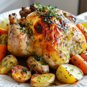 To make Garlic Herb Butter Roasted Chicken, gather these simple items: - 1 whole chicken (about 4-5 lbs) - 1/2 cup unsalted butter, softened - 6 cloves garlic, minced - 2 tablespoons fresh rosemary, chopped - 2 tablespoons fresh thyme, chopped - 1 tablespoon fresh parsley, chopped - 1 lemon, halved - Salt and pepper to taste - 1 onion, quartered - 4 carrots, cut into large chunks - 3 potatoes, cut into wedges - Olive oil for drizzling If you cannot find fresh herbs, don&rsquo;t worry! You can use dried herbs instead. Use 1 teaspoon of dried herbs for every tablespoon of fresh herbs. Here are some good swaps: - Thyme: Use dried thyme. - Rosemary: Use dried rosemary. - Parsley: Use dried parsley. The flavor may change slightly, but it will still taste great! Feel free to add your twist to the chicken! Here are some fun ideas: - Spicy Kick: Add a pinch of red pepper flakes to the herb butter. - Smoky Flavor: Mix in some smoked paprika for a deeper taste. - Citrus Burst: Add zest from the lemon before juicing for extra brightness. These options will make your Garlic Herb Butter Roasted Chicken even more special! {{ingredient_image_1}} To make Garlic Herb Butter Roasted Chicken, gather your ingredients first. You will need a whole chicken, garlic, butter, and fresh herbs. The prep takes about 15 minutes. Preheat your oven to 425&deg;F (220&deg;C) while you prepare. 1. In a bowl, mix softened butter with minced garlic, rosemary, thyme, parsley, salt, and pepper. This makes a tasty herb butter. 2. Pat the chicken dry using paper towels. Place it in a roasting pan. 3. Lift the skin on the chicken breast and thighs gently. Spread half of the herb butter mixture under the skin. 4. Rub the rest of the herb butter all over the chicken's outside. Make sure you coat it well. 5. Squeeze the juice from one lemon half inside the chicken's cavity. Place the two lemon halves and quartered onion inside the cavity. 6. Put the carrots and potatoes around the chicken in the pan. Drizzle them with olive oil and add salt and pepper. 7. Roast the chicken for about 1 hour and 15 minutes. Check if the internal temperature hits 165&deg;F (75&deg;C) and the skin is golden brown. Baste with pan juices halfway through if you want more flavor. 8. After roasting, let the chicken rest for 10-15 minutes before carving. To ensure your chicken roasts perfectly, here are some tips: - Make sure to dry the chicken well. This helps the skin get crispy. - Use a meat thermometer to check the temperature. This guarantees safe cooking. - Basting adds moisture and flavor but do it quickly to keep the heat in. - Let the chicken rest after cooking. This keeps it juicy when you carve it. With these steps and tips, your Garlic Herb Butter Roasted Chicken will be a flavorful delight! When making garlic herb butter roasted chicken, avoid common errors. First, do not skip drying the chicken. If it's wet, the skin won't crisp. Second, do not rush the herb butter mixing. Blend well for full flavor. Lastly, don&rsquo;t forget to season inside the cavity. This adds flavor to every bite. To ensure juicy chicken, use a whole bird, about 4-5 lbs. This size cooks evenly. Always let the chicken rest after roasting. Resting allows juices to settle. Another tip is to use a meat thermometer. Check the thickest part of the thigh. It should reach 165&deg;F for safe eating. Basting adds moisture and boosts flavor. Halfway through roasting, open the oven carefully. Use a spoon or baster to scoop up pan juices. Drizzle this over the chicken. Repeat every 20 minutes for best results. This keeps the skin golden and crisp while enhancing taste. Pro Tips Choose the Right Chicken: Opt for an organic or free-range chicken for a more flavorful and juicy roast. Let it Rest: Allow the chicken to rest after roasting to let the juices redistribute, ensuring a moist and tender meat. Use a Meat Thermometer: To ensure perfect cooking, use a meat thermometer to check that the internal temperature reaches 165&deg;F (75&deg;C). Baste for Flavor: Basting the chicken with its pan juices halfway through cooking helps enhance the flavor and achieve a crispy skin. {{image_2}} You can change the herbs to suit your taste. Try using sage or dill. Fresh basil adds a nice twist too. You can mix and match to find your favorite blend. Each herb brings its own unique flavor. You might discover a new favorite by trying different combinations. Want to add a zesty kick? Try adding lemon zest to the butter mixture. The zest gives a bright taste that pairs well with chicken. You can also add more garlic for a stronger flavor. Just remember, balance is key. Too much can overpower the dish. If you prefer quick cooking, consider using an air fryer. It cooks the chicken faster and keeps it juicy. A slow cooker is also a great option. It allows the flavors to meld beautifully over time. Both methods can give you a delicious chicken with less fuss. After enjoying your garlic herb butter roasted chicken, let the leftovers cool. Place them in an airtight container. Store the chicken in the fridge for up to four days. Make sure to seal it well to keep the flavors fresh. If you have leftover veggies, store them in the same way. Keeping everything sealed helps prevent drying out. When it's time to reheat, preheat your oven to 350&deg;F (175&deg;C). Place the chicken in an oven-safe dish. Cover it with foil to keep it moist. Heat for about 20-25 minutes. Check that it&rsquo;s warm all the way through. You can also add a splash of chicken broth for extra moisture. For veggies, toss them in a pan over medium heat for about 5-10 minutes. If you want to save the chicken for later, freezing is a great option. Cut the chicken into pieces for easier storage. Wrap each piece in plastic wrap, then place them in a freezer bag. Be sure to remove as much air as possible. Label the bags with the date. You can freeze the chicken for up to three months. When ready to eat, thaw it overnight in the fridge. Then follow the reheating instructions to bring back that tasty flavor. The best way to cook a whole chicken is by roasting it. Roasting gives you crispy skin and juicy meat. Start by preheating your oven to 425&deg;F (220&deg;C). Use a good amount of seasoning, like garlic herb butter. This mix makes the chicken flavorful. Place the chicken in a roasting pan. Add veggies around it for extra taste. Roast it until the skin is golden brown and the meat is cooked through. To check if your chicken is fully cooked, use a meat thermometer. Insert it into the thickest part of the thigh. The internal temperature should reach 165&deg;F (75&deg;C). If you don&rsquo;t have a thermometer, check the juices. They should run clear, not pink. Also, the skin should be crispy and golden. This means your chicken has cooked well. Yes, you can prepare the chicken in advance. Season it with the herb butter and stuff it the night before. Cover it and keep it in the fridge. This lets the flavors soak in. When you are ready to cook, just take it out and roast it. This method saves you time on busy days and makes for a tasty meal. This blog post showed you how to prepare a whole chicken perfectly. We covered ingredients, step-by-step instructions, and useful tips. You learned about common mistakes and the best ways to roast chicken. I shared variations for flavors and cooking methods, plus storage tips for leftovers. Overall, cooking chicken can be simple and enjoyable. With these insights, you can create tasty dishes that impress. Using these steps makes cooking fun and rewarding. Enjoy your delicious meals!
