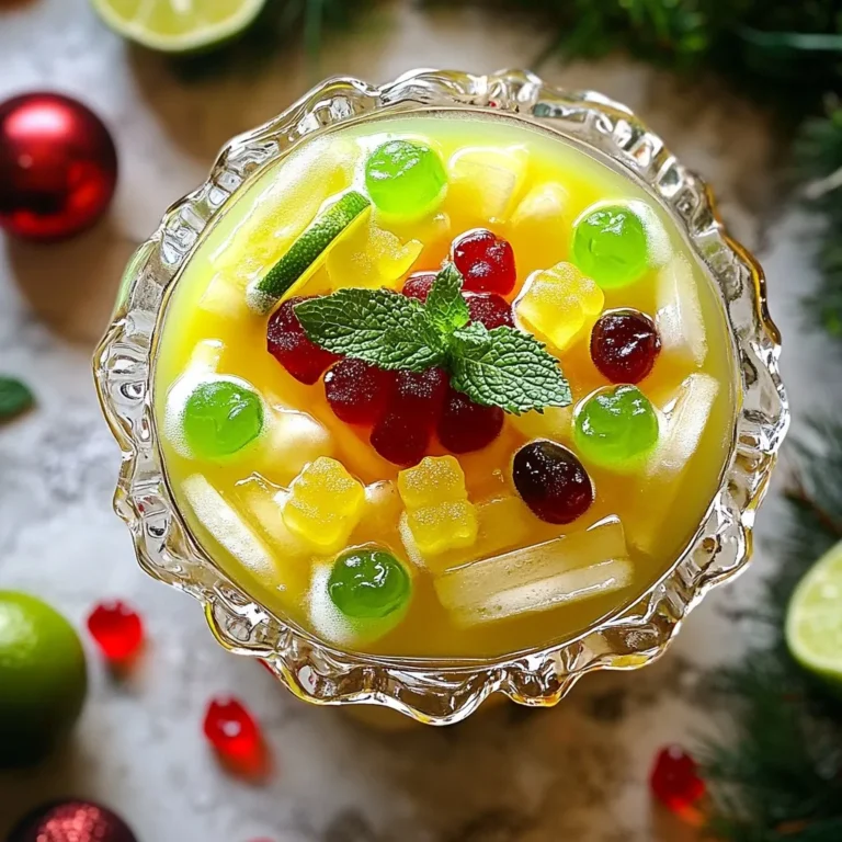 - 4 cups of lime sherbet - 2 liters of lemon-lime soda (like Sprite or 7Up) - 1 cup of cranberry juice - 1/2 cup of pineapple juice - 1 teaspoon of fresh lime juice - Fresh mint leaves for garnish - Lime slices for garnish - Red and green gummy candies (optional) Creating Grinch Punch is simple and fun! You need just a few ingredients. Start with lime sherbet for a creamy base. The lime flavor gives it a bright and festive touch. Next, grab lemon-lime soda for bubbles. This adds a fizzy kick that everyone loves. You will also need cranberry juice. It adds a nice tartness and deep red color. Pineapple juice brings sweetness and a tropical feel. A dash of fresh lime juice brightens the flavor even more. For garnish, fresh mint leaves add a pop of green. Lime slices look pretty and add zest. If you want to add a fun twist, use red and green gummy candies. They make the punch extra cheerful and colorful. Gather these ingredients and prepare for a delightful holiday drink that will wow your guests! {{ingredient_image_1}} - Scoop lime sherbet into a punch bowl. This gives a bright green base that looks festive and fun. - Mix juices in a separate pitcher. Combine cranberry juice, pineapple juice, and fresh lime juice. Stir until blended. - Combine juice mixture with sherbet. Pour the juice over the sherbet slowly. This lets the sherbet float and not melt fully. - Add lemon-lime soda carefully. Pour this in gently to keep the fizz. Stir lightly to mix but keep bubbles. - Optional: Decorate with gummy candies. Place red and green gummy candies on top for extra fun. They brighten up the punch! - Garnish before serving. Add fresh mint leaves and lime slices on each cup for a special touch. This punch takes just 10 minutes to make and serves 8-10 people. Enjoy this festive drink at your holiday gatherings! To create the best Grinch Punch, follow these simple tips. - Mixing Ingredients: Always add the lime sherbet first. This helps create a fun and frothy base. Pour the mixed juices over the sherbet slowly. This keeps the colorful layers visible. - Maintaining Carbonation: Add the lemon-lime soda at the end. Pour it gently to keep the bubbles. Stir lightly, just enough to blend the flavors without losing fizz. - Punch Bowl Presentation: Use a clear punch bowl to show off the green and red colors. Add festive cups or clear glasses for serving. For a fun touch, float red and green gummy candies on top. Garnish each serving with mint leaves and lime slices for extra cheer. These steps will ensure your Grinch Punch is not only tasty but also a feast for the eyes. Pro Tips Chill Your Ingredients: For an extra refreshing punch, make sure to chill the cranberry juice and pineapple juice before mixing. This keeps the punch cool without the need for too much ice, which can dilute the flavor. Use Fresh Ingredients: Whenever possible, opt for fresh lime juice instead of bottled. Fresh juice adds a vibrant flavor that elevates the punch and makes it taste more authentic. Make It a Mocktail: If you want to create a non-alcoholic version, simply omit any alcohol and enjoy the punch as is or add some fresh fruit slices for added flavor and aesthetics. Customize Your Garnish: Get creative with your garnishes! Aside from mint and lime, consider adding pomegranate seeds or slices of kiwi for a pop of color and texture. {{image_2}} You can have fun with Grinch Punch by changing a few key ingredients. Here are some great ideas. - Alternative sherbet flavors: While lime sherbet gives a lovely green hue, you can use other flavors. Try raspberry sherbet for a pink twist, or even lemon for a bright yellow drink. Each flavor brings a new taste and look. - Adding alcohol for adults: If you want a festive drink for adults, add some vodka or rum. Start with one cup and adjust to your taste. This extra kick makes the punch perfect for holiday parties. - Swapping out juices for different flavors: You can mix and match juices to create your own blend. Consider using orange juice for a sunny vibe or apple juice for a sweet twist. Each juice changes the taste, making it fun to experiment. These variations let you make Grinch Punch that matches your style and holiday cheer! To keep your Grinch Punch fresh, store it in the fridge. Pour any leftover punch into a large pitcher. Make sure to cover it tightly. This helps keep the flavors bright and yummy. Garnishes like mint leaves and lime slices should be stored separately. Place them in a small container with a lid. This keeps them fresh and crisp. If you mix them into the punch, they may wilt or lose their flavor. Grinch Punch stays good for about 2 days in the fridge. After that, the taste might change. The soda can lose its fizz. So, it's best to enjoy this punch fresh. If you have leftover garnishes, use them in your next drink or dessert! Can I make Grinch Punch ahead of time? Yes, you can prepare Grinch Punch ahead. Mix the juices and sherbet. Add the soda right before serving. This keeps the fizz fresh and fun! What could I substitute for lime sherbet? If you need a substitute, try lemon or rainbow sherbet. You can also use a non-dairy sorbet for a dairy-free option. Each choice adds a unique taste. Is it possible to make a non-carbonated version? Absolutely! Just skip the lemon-lime soda. Use more juice instead. You can use sparkling juice for a bit of fizz without soda. Can children enjoy this drink? Yes! Grinch Punch is great for kids. It’s tasty and colorful. They will love the fun gummy candies on top! This blog post covered how to make a fun Grinch Punch with easy steps. You learned about the key ingredients, which include lime sherbet and lemon-lime soda. I provided tips for mixing and presenting your drink, along with ways to customize it. Don’t forget to store any leftovers properly. This festive punch is sure to bring joy to your gathering, whether it’s for kids or adults. Remember, creativity is key when making it your own! Enjoy every sip of your holiday cheer.