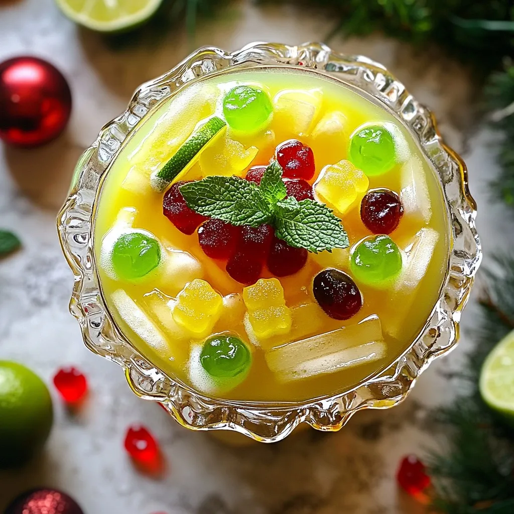- 4 cups of lime sherbet - 2 liters of lemon-lime soda (like Sprite or 7Up) - 1 cup of cranberry juice - 1/2 cup of pineapple juice - 1 teaspoon of fresh lime juice - Fresh mint leaves for garnish - Lime slices for garnish - Red and green gummy candies (optional) Creating Grinch Punch is simple and fun! You need just a few ingredients. Start with lime sherbet for a creamy base. The lime flavor gives it a bright and festive touch. Next, grab lemon-lime soda for bubbles. This adds a fizzy kick that everyone loves. You will also need cranberry juice. It adds a nice tartness and deep red color. Pineapple juice brings sweetness and a tropical feel. A dash of fresh lime juice brightens the flavor even more. For garnish, fresh mint leaves add a pop of green. Lime slices look pretty and add zest. If you want to add a fun twist, use red and green gummy candies. They make the punch extra cheerful and colorful. Gather these ingredients and prepare for a delightful holiday drink that will wow your guests! {{ingredient_image_1}} - Scoop lime sherbet into a punch bowl. This gives a bright green base that looks festive and fun. - Mix juices in a separate pitcher. Combine cranberry juice, pineapple juice, and fresh lime juice. Stir until blended. - Combine juice mixture with sherbet. Pour the juice over the sherbet slowly. This lets the sherbet float and not melt fully. - Add lemon-lime soda carefully. Pour this in gently to keep the fizz. Stir lightly to mix but keep bubbles. - Optional: Decorate with gummy candies. Place red and green gummy candies on top for extra fun. They brighten up the punch! - Garnish before serving. Add fresh mint leaves and lime slices on each cup for a special touch. This punch takes just 10 minutes to make and serves 8-10 people. Enjoy this festive drink at your holiday gatherings! To create the best Grinch Punch, follow these simple tips. - Mixing Ingredients: Always add the lime sherbet first. This helps create a fun and frothy base. Pour the mixed juices over the sherbet slowly. This keeps the colorful layers visible. - Maintaining Carbonation: Add the lemon-lime soda at the end. Pour it gently to keep the bubbles. Stir lightly, just enough to blend the flavors without losing fizz. - Punch Bowl Presentation: Use a clear punch bowl to show off the green and red colors. Add festive cups or clear glasses for serving. For a fun touch, float red and green gummy candies on top. Garnish each serving with mint leaves and lime slices for extra cheer. These steps will ensure your Grinch Punch is not only tasty but also a feast for the eyes. Pro Tips Chill Your Ingredients: For an extra refreshing punch, make sure to chill the cranberry juice and pineapple juice before mixing. This keeps the punch cool without the need for too much ice, which can dilute the flavor. Use Fresh Ingredients: Whenever possible, opt for fresh lime juice instead of bottled. Fresh juice adds a vibrant flavor that elevates the punch and makes it taste more authentic. Make It a Mocktail: If you want to create a non-alcoholic version, simply omit any alcohol and enjoy the punch as is or add some fresh fruit slices for added flavor and aesthetics. Customize Your Garnish: Get creative with your garnishes! Aside from mint and lime, consider adding pomegranate seeds or slices of kiwi for a pop of color and texture. {{image_2}} You can have fun with Grinch Punch by changing a few key ingredients. Here are some great ideas. - Alternative sherbet flavors: While lime sherbet gives a lovely green hue, you can use other flavors. Try raspberry sherbet for a pink twist, or even lemon for a bright yellow drink. Each flavor brings a new taste and look. - Adding alcohol for adults: If you want a festive drink for adults, add some vodka or rum. Start with one cup and adjust to your taste. This extra kick makes the punch perfect for holiday parties. - Swapping out juices for different flavors: You can mix and match juices to create your own blend. Consider using orange juice for a sunny vibe or apple juice for a sweet twist. Each juice changes the taste, making it fun to experiment. These variations let you make Grinch Punch that matches your style and holiday cheer! To keep your Grinch Punch fresh, store it in the fridge. Pour any leftover punch into a large pitcher. Make sure to cover it tightly. This helps keep the flavors bright and yummy. Garnishes like mint leaves and lime slices should be stored separately. Place them in a small container with a lid. This keeps them fresh and crisp. If you mix them into the punch, they may wilt or lose their flavor. Grinch Punch stays good for about 2 days in the fridge. After that, the taste might change. The soda can lose its fizz. So, it's best to enjoy this punch fresh. If you have leftover garnishes, use them in your next drink or dessert! Can I make Grinch Punch ahead of time? Yes, you can prepare Grinch Punch ahead. Mix the juices and sherbet. Add the soda right before serving. This keeps the fizz fresh and fun! What could I substitute for lime sherbet? If you need a substitute, try lemon or rainbow sherbet. You can also use a non-dairy sorbet for a dairy-free option. Each choice adds a unique taste. Is it possible to make a non-carbonated version? Absolutely! Just skip the lemon-lime soda. Use more juice instead. You can use sparkling juice for a bit of fizz without soda. Can children enjoy this drink? Yes! Grinch Punch is great for kids. It’s tasty and colorful. They will love the fun gummy candies on top! This blog post covered how to make a fun Grinch Punch with easy steps. You learned about the key ingredients, which include lime sherbet and lemon-lime soda. I provided tips for mixing and presenting your drink, along with ways to customize it. Don’t forget to store any leftovers properly. This festive punch is sure to bring joy to your gathering, whether it’s for kids or adults. Remember, creativity is key when making it your own! Enjoy every sip of your holiday cheer.