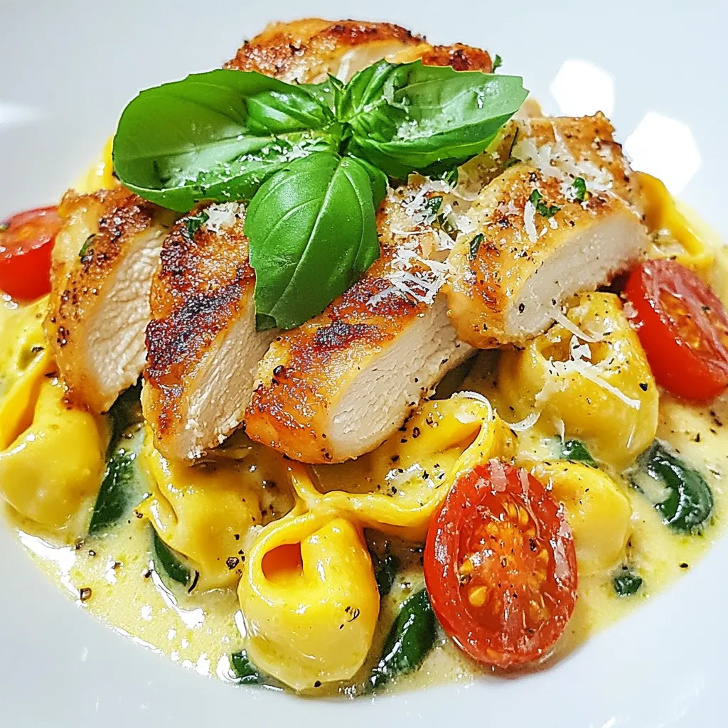 - 2 boneless, skinless chicken breasts - 8 ounces cheese tortellini - 1 cup heavy cream - 1 cup chicken broth - 1 tablespoon olive oil - Salt and pepper to taste - 2 cloves garlic, minced - 1 teaspoon Italian seasoning - 1 cup cherry tomatoes, halved - 1 cup baby spinach - ½ cup grated Parmesan cheese - Fresh basil leaves for garnish This dish combines tasty chicken, creamy sauce, and cheesy tortellini. The chicken gives the meal a hearty feel. Each bite of this dish feels special. The cheese tortellini adds a fun twist to this classic recipe. I love using heavy cream in the sauce. It makes everything rich and smooth. The chicken broth adds depth to the flavor. The mix of garlic and Italian seasoning makes your kitchen smell amazing. Fresh cherry tomatoes burst with flavor. They add a nice sweetness. Baby spinach brings a pop of color and nutrients. Topping with Parmesan cheese gives a salty finish. Fresh basil leaves add a bright touch to each plate. These ingredients come together to create a meal that is hard to resist. You will want to share it with friends and family. Each bite feels like a celebration! {{ingredient_image_1}} - First, season the chicken breasts with salt and pepper. - Heat the olive oil in a large skillet over medium heat. - Add the chicken breasts and cook for about 6-7 minutes on each side. - Look for a nice golden brown color and ensure they are cooked through. - Once done, remove the chicken and let it rest before slicing. - In the same skillet, add the minced garlic. - Sauté for about 30 seconds until it smells amazing. - Next, stir in the halved cherry tomatoes. - Cook them for 2-3 minutes until they soften and release their juices. - Pour in the heavy cream and chicken broth into the skillet. - Add the Italian seasoning and stir well. - Bring this mixture to a gentle simmer for a few minutes. - Add the tortellini to the skillet. - Cook according to the package instructions, about 3-5 minutes. - Check for the al dente texture, which means it's firm but not hard. - Stir in the baby spinach and grated Parmesan cheese. - Keep mixing until the spinach wilts and the cheese melts into the sauce. - Slice the cooked chicken and add it back to the skillet. - Gently mix everything together to combine well. - Allow the dish to heat through for one more minute. - For a pretty finish, garnish with fresh basil leaves. - Serve it hot and enjoy this delightful dish! To make the chicken shine, season it with salt and pepper. This simple step adds a lot of flavor. Heat olive oil in a large skillet over medium heat. Place the chicken breasts in the skillet and cook for 6-7 minutes on each side. Look for a golden brown color. The chicken should be cooked through and no longer pink inside. Use a meat thermometer if you want to check; the internal temperature should be 165°F (75°C). After cooking, let the chicken rest for a few minutes before slicing. This keeps it juicy. For a creamy sauce, you want the right thickness. If the sauce is too thin, let it simmer longer. This will help it thicken naturally. You can also add more cheese for extra richness. If you want a lighter option, consider using half-and-half instead of heavy cream. It still adds creaminess but with fewer calories. You can also use a plant-based cream for a dairy-free version, if you prefer. When cooking tortellini, follow the package instructions closely. This usually takes about 3-5 minutes for al dente texture. Make sure to stir gently so they don’t stick together. Overcooking can make them mushy. To pick the best tortellini, choose fresh ones from the deli or frozen varieties. They often taste better than the dry ones. Fresh tortellini will add a nice touch to your dish. Pro Tips Use Fresh Ingredients: Fresh garlic, tomatoes, and basil can enhance the flavors significantly, making your dish more vibrant and delicious. Adjust Creaminess: For a lighter sauce, you can substitute half of the heavy cream with low-fat milk or broth, while still achieving a creamy texture. Perfectly Cooked Tortellini: To prevent overcooking, add the tortellini to the sauce only after it has reached a simmer, ensuring they stay al dente. Rest the Chicken: Letting the chicken rest after cooking helps retain its juices, resulting in a more tender and flavorful protein in your dish. {{image_2}} You can make Marry Me Chicken Tortellini your own with easy swaps. - Alternative proteins: Instead of chicken, try shrimp or tofu. Both give a different taste. - Different pasta shapes: If you can't find tortellini, use any pasta you like. Shells or fettuccine work great too! Adding new flavors can make this dish even better. - Adding spices for heat: Sprinkle in red pepper flakes or cayenne pepper. This gives the dish a nice kick. - Incorporating additional vegetables: Toss in bell peppers or zucchini. They add color and nutrients without changing the dish much. You can adjust the recipe to fit dietary needs. - Gluten-free tortellini options: Many brands offer gluten-free pasta. Look for it in stores or online. - Dairy-free cream alternatives: Use coconut cream or almond milk for a dairy-free sauce. It keeps the dish creamy without dairy. To store leftover Marry Me Chicken Tortellini, let it cool first. Place the tortellini in an airtight container. This helps keep it fresh. I recommend using glass containers or high-quality plastic ones. These types prevent spills and keep flavors intact. The best methods for reheating are on the stove or in the microwave. If using a stove, add a splash of chicken broth to keep it moist. Stir it often until warm. If you use the microwave, heat in short bursts. Stir in between to avoid hot spots. Add fresh basil leaves just before serving for extra flavor. To freeze Marry Me Chicken Tortellini, store it in a freezer-safe container. This helps keep it fresh for up to three months. Remember to label your container with the date. For thawing, place it in the fridge overnight. Once thawed, reheat on the stove or microwave. Be sure to check if you need to add more cream or broth for a creamy texture. Marry Me Chicken Tortellini is a creamy pasta dish featuring tender chicken and cheese tortellini. This dish combines Italian flavors with a rich sauce made from heavy cream and chicken broth. I love the bright taste of cherry tomatoes and fresh spinach in this recipe. The name comes from its deliciousness—many say it’s a dish worth proposing over! Marry Me Chicken Tortellini will last in the fridge for about three to four days. To keep it fresh, store it in an airtight container. This helps to maintain its creamy texture and flavor. Always check for any off smells or changes in texture before eating leftovers. Yes, you can make Marry Me Chicken Tortellini ahead of time. Prepare the dish completely, then let it cool. Store it in the fridge until you are ready to serve. When you are ready, simply reheat it on the stove over low heat. Add a splash of cream if it seems too thick. Marry Me Chicken Tortellini pairs well with a fresh garden salad. A simple arugula salad with a lemon vinaigrette adds brightness. Garlic bread is another great option to soak up the creamy sauce. Roasted vegetables like asparagus or broccoli also complement the dish nicely. Marry Me Chicken Tortellini combines rich flavors with simple steps. You learned about key ingredients, from chicken to tortellini, and how to make a creamy sauce. I shared tips to perfect your dish and variations for added excitement. This dish is a must-try for any meal. Embrace your creativity in the kitchen and enjoy a delightful dish that impresses everyone. Cook with confidence, and you'll love the results!