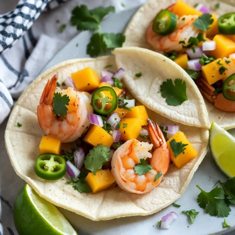To make tasty Spicy Mango Shrimp Tacos, you need: - 1 pound large shrimp, peeled and deveined - 1 ripe mango, diced - 1 small red onion, finely chopped - 1 jalapeño, minced (adjust to taste) - 2 cloves garlic, minced - 1 tablespoon lime juice - 1 teaspoon chili powder - 1 teaspoon cumin - 1 tablespoon olive oil - Salt and pepper to taste - 8 small corn or flour tortillas These main ingredients create a perfect blend of flavors and textures. The shrimp brings protein, while the mango adds sweetness. The spices give it a nice kick. You can enhance your tacos with these garnishes: - Fresh cilantro, chopped - Lime wedges These optional garnishes add freshness and brightness to the dish. The cilantro complements the shrimp, and lime juice gives a zesty punch. This recipe serves four people. Each serving roughly contains: - Calories: 300 - Protein: 20g - Carbohydrates: 35g - Fat: 10g These tacos offer a balanced meal. They are rich in protein and provide essential nutrients. Enjoy them as a fresh and flavorful option for lunch or dinner. {{ingredient_image_1}} To start, gather your shrimp, chili powder, cumin, minced garlic, lime juice, salt, and pepper. In a bowl, mix the shrimp with these spices. Make sure every shrimp gets coated well. This step adds a lot of flavor. Let the shrimp sit for 15 minutes. This time allows the spices to soak in. Next, grab your ripe mango, red onion, and jalapeño. Dice the mango and chop the onion finely. Mince the jalapeño according to your spice level. In a separate bowl, combine these ingredients. Add a pinch of salt and a squeeze of lime juice. This salsa brings freshness to your tacos. Set it aside for later. Now, heat a large skillet on medium-high heat. Add olive oil once the pan is hot. Place the marinated shrimp in a single layer. Cook for about 2-3 minutes on each side. The shrimp should turn pink and opaque. Remove them from the heat. Warm the tortillas in a dry skillet for 30 seconds on each side. You can also use foil and heat them in the oven. Now, it’s time to assemble your tacos! Place a few shrimp on each tortilla. Top with a scoop of mango salsa and sprinkle with chopped cilantro. Serve with lime wedges for a zesty kick. Enjoy your delicious creation! To cook shrimp just right, focus on timing. Shrimp cook fast. They only need about 2-3 minutes on each side. When they turn pink and opaque, they are done. Overcooking makes shrimp tough. So, watch them closely. Another tip is to marinate the shrimp. Mix them with spices and lime juice. Let them rest for 15 minutes. This boosts flavor and keeps them juicy. To add more flavor, use fresh ingredients. Fresh lime juice brightens the dish. A good salsa makes a big difference. Mix ripe mango, red onion, and jalapeño for a sweet and spicy kick. Don’t forget about seasoning! A pinch of salt can enhance the flavors. You can also try adding some chili powder to the salsa for an extra zing. Serve your tacos with lime wedges. Squeezing fresh lime juice adds a zesty touch. You can also add more toppings like avocado or diced tomatoes. For a fun twist, serve the tacos with a side of corn salad. This adds crunch and freshness. Enjoy these tacos with friends for a tasty meal! Pro Tips Marinate for Flavor: Allow the shrimp to marinate for at least 15 minutes to enhance the flavors from the spices and lime juice. Adjust Spiciness: Modify the amount of jalapeño based on your heat preference; remove the seeds for a milder salsa. Perfectly Cooked Shrimp: Cook shrimp just until they turn pink and opaque to avoid overcooking, which can make them rubbery. Tortilla Warming: Keep tortillas warm in a clean kitchen towel after heating, so they stay pliable and delicious for serving. {{image_2}} You can switch the shrimp for chicken or fish. Chicken thighs are juicy and tender. Simply marinate them the same way. For fish, try tilapia or salmon. These fish cook quickly, just like shrimp. Adjust the cooking time to 2-4 minutes per side. While mango salsa shines in this dish, you can explore other salsas. Pineapple salsa adds a sweet touch. Combine diced pineapple, red onion, and cilantro. If you like heat, try a tomatillo salsa. Blend tomatillos, jalapeños, and lime juice for a tangy kick. For a vegan twist, replace shrimp with grilled veggies. Zucchini, bell peppers, and mushrooms work well. Season them with the same spices. You can also use canned jackfruit for a meat-like texture. Make sure to marinate it too! For vegetarian options, try black beans or lentils. They add protein and flavor. To store leftover tacos, you should separate the shrimp and salsa from the tortillas. Place the shrimp in an airtight container. The salsa can go in another container. This keeps everything fresh and prevents soggy tortillas. Store the containers in the fridge. They will last for about 2 days. If you want to freeze the shrimp, it’s best to do so before cooking. First, marinate the shrimp as directed. Then, place them in a single layer on a baking sheet. Freeze them for about an hour, then transfer to a freezer bag. This prevents them from sticking together. The shrimp can stay fresh for up to 3 months. For the salsa, it’s best to use fresh ingredients. However, you can freeze the mango separately. Just dice and freeze it in a bag. To reheat the shrimp, use a skillet over medium heat. Heat for about 3-4 minutes, stirring gently. This warms them through without drying them out. For tortillas, warm them in a dry skillet for 30 seconds on each side. You can also wrap them in foil and heat in a 350°F oven for about 10 minutes. Assemble your tacos after reheating for a fresh meal! You can tell shrimp are done when they turn pink and opaque. They should curl slightly, indicating they are cooked through. Cooking time is about 2-3 minutes per side. Overcooked shrimp become tough and rubbery. To avoid this, watch them closely as they cook. Yes, you can prep components in advance. You can marinate the shrimp up to 2 hours before cooking. The mango salsa can be made a few hours ahead and stored in the fridge. Just warm the tortillas and cook the shrimp right before serving. This keeps everything fresh and tasty. If you don't have mango, you can use pineapple or peach. Both fruits add sweetness and a nice texture. You can also try avocado for a creamy touch. Each option will give the tacos a different but delicious flavor profile. Just keep the seasoning in mind for balance. This blog post covered how to make spicy mango shrimp tacos. We explored the key ingredients, from shrimp to fresh mango salsa. You learned the steps to cook and assemble the dish, with helpful tips for great flavor. We also discussed variations for different tastes and the best ways to store leftovers. In the end, these tacos offer a vibrant meal full of flavor. Enjoy making this dish to impress your friends and family!