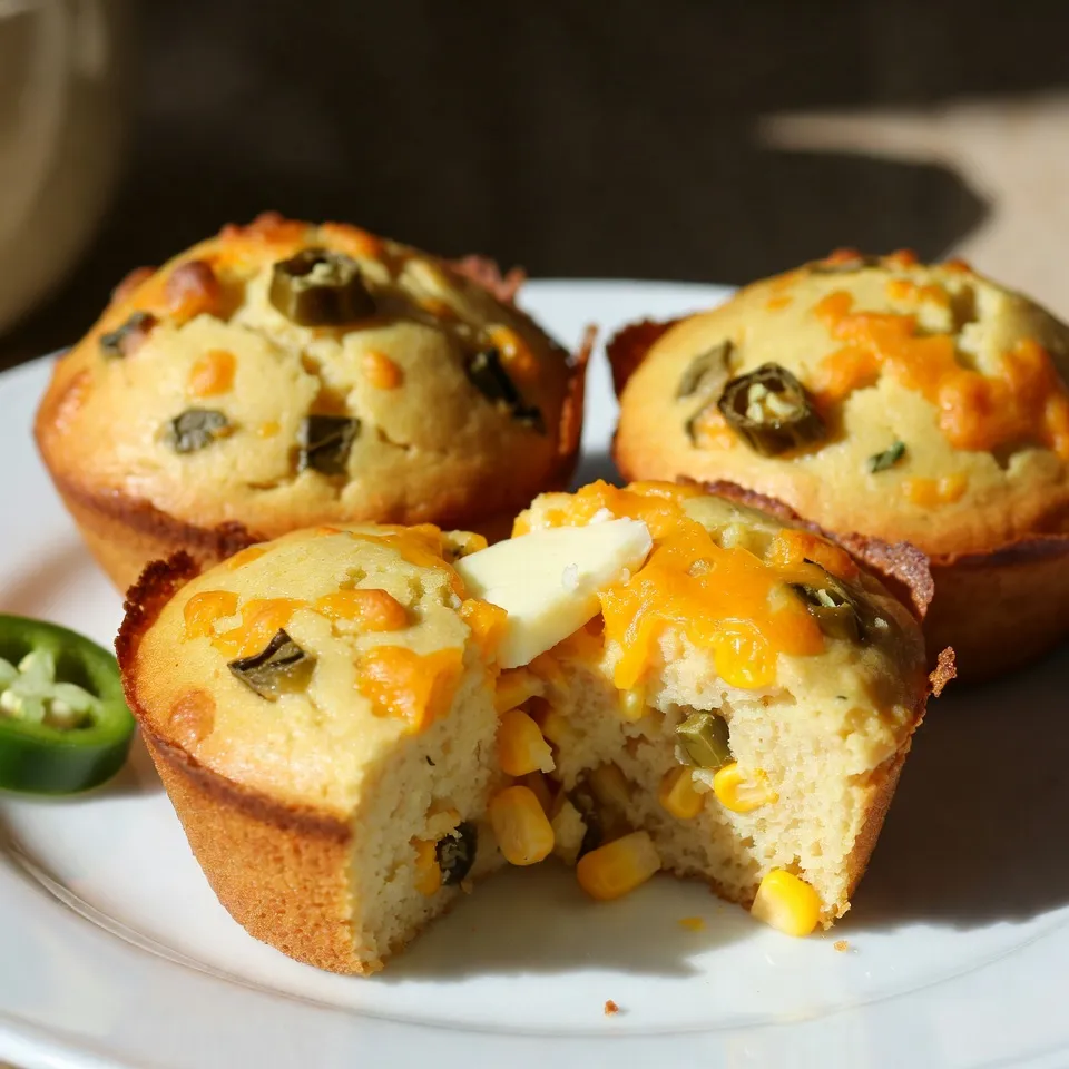 - 1 cup cornmeal - 1 cup all-purpose flour - 1 tablespoon baking powder - 1/2 teaspoon salt - 1/4 teaspoon black pepper - 1 cup buttermilk (or milk with 1 tablespoon vinegar) - 1 large egg - 1/4 cup honey - 1/4 cup unsalted butter, melted - 1 cup shredded sharp cheddar cheese - 1-2 jalapeños, deseeded and finely chopped (adjust to taste) - 1/2 cup corn kernels (fresh or frozen) The ingredients for Cheddar Jalapeño Cornbread Muffins bring a lot of flavor. The cornmeal and flour form the base. They give the muffins a nice, fluffy texture. Baking powder helps them rise, while salt and black pepper add a savory touch. Buttermilk gives moisture and a slight tang. You can use regular milk with a bit of vinegar if you prefer. Honey adds sweetness, balancing the heat from the jalapeños. The melted butter makes the muffins rich and moist. Sharp cheddar cheese brings a bold flavor. I recommend using freshly shredded cheese for the best taste. Jalapeños give the muffins a spicy kick. Make sure to deseed and chop them finely for even heat. You can adjust the amount based on your spice preference. Finally, corn kernels add sweetness and texture, making each bite delightful. With these ingredients, you create a muffin that is both hearty and flavorful. {{ingredient_image_1}} 1. Preheat your oven to 375°F (190°C). Grease a muffin tin or use liners. 2. In a large bowl, mix together the dry ingredients: - 1 cup cornmeal - 1 cup all-purpose flour - 1 tablespoon baking powder - 1/2 teaspoon salt - 1/4 teaspoon black pepper 3. In another bowl, combine the wet ingredients: - 1 cup buttermilk (or milk with 1 tablespoon vinegar) - 1 large egg - 1/4 cup honey - 1/4 cup melted butter 1. Pour the wet mix into the dry mix. Stir gently until just combined. 2. Fold in the goodies: - 1 cup shredded sharp cheddar cheese - 1-2 finely chopped jalapeños (adjust to taste) - 1/2 cup corn kernels (fresh or frozen) 1. Fill each muffin cup about 3/4 full with the batter. 2. Bake for 18-20 minutes until golden brown. Check with a toothpick. 3. Let them cool in the pan for 5 minutes. Move to a wire rack to cool completely. For a tasty touch, serve warm with butter or extra cheddar on top! To make the best Cheddar Jalapeño Cornbread Muffins, focus on not over-mixing. Mix just until the dry and wet ingredients combine. Over-mixing makes muffins tough. For doneness, use a toothpick. Insert it into the center of a muffin; if it comes out clean, they are ready. The best way to enjoy these muffins is warm. Add a pat of butter on top for extra flavor. You can also sprinkle more cheddar cheese, which melts beautifully. For a kick, place a jalapeño slice on the side. If you don't have buttermilk, mix milk with one tablespoon of vinegar. This works just as well. For cheese, try pepper jack for more heat, or a milder cheese if you prefer less spice. You can also adjust the number of jalapeños based on your spice level. Pro Tips Use Fresh Jalapeños: Fresh jalapeños will give your muffins a vibrant flavor and a better texture than dried or pickled ones. Don’t Overmix: To ensure light and fluffy muffins, mix the batter just until combined. Overmixing can lead to dense muffins. Adjust Sweetness: If you prefer a less sweet cornbread, reduce the honey by half. You can always add more sweet toppings if desired. Experiment with Cheese: Try different types of cheese like pepper jack or gouda for a unique twist on flavor. {{image_2}} You can make these muffins even spicier! Try adding different types of peppers. Consider using serrano or poblano peppers for a twist. You can also add spices like cayenne or smoked paprika. Just a pinch can boost flavor without overpowering the dish. Start small and taste as you go. This way, you find the right heat level for your taste buds. Cheddar cheese brings a great flavor, but other cheeses can work too. You might try pepper jack cheese for an extra kick. Feta cheese adds a nice tang, while gouda gives a smoky touch. Mixing cheeses can create a deeper flavor profile. Combine sharp cheddar with a milder cheese for balance. This adds complexity to every bite. Need a gluten-free option? Substitute the all-purpose flour with a gluten-free blend. Look for one that works well in baking. For those going vegan, you can replace buttermilk with plant-based milk mixed with vinegar. Use flaxseed meal instead of the egg for binding. These changes keep the muffins delicious and accessible to everyone. To keep your Cheddar Jalapeño Cornbread Muffins fresh, store them in an airtight container. This helps prevent them from drying out. You can place the muffins at room temperature for up to two days. If you want them to last longer, consider freezing them. To freeze cornbread muffins, wrap each muffin in plastic wrap. Then, place them in a freezer bag or airtight container. They can stay good for up to three months. When you're ready to enjoy, just take out the muffins and let them thaw at room temperature. Reheating your muffins can bring back their warm, fresh taste. The best way to reheat them is in the oven. Preheat your oven to 350°F (175°C). Place the muffins on a baking sheet and heat for about 10 minutes. This method keeps the muffins soft and helps them regain their crisp tops. If you're in a hurry, you can also use the microwave. Heat each muffin for about 20-30 seconds. To keep them moist, cover the muffins with a damp paper towel. This prevents them from getting dry. Enjoy your muffins warm for the best flavor! You can pair these muffins with chili for a hearty meal. They also go well with soups, especially tomato or chicken soup. For a lighter option, try them with a fresh salad. Adding butter or honey on top enhances the flavor. Cornbread muffins last about three days at room temperature. Store them in an airtight container to keep them fresh. If you want them to last longer, freeze them. They can stay in the freezer for up to three months. Yes, you can use frozen corn kernels. Just make sure to thaw and drain them before adding. This helps avoid excess moisture in the muffins. Fresh corn gives a nice crunch, but frozen corn works well too. To adjust the spice level, change the number of jalapeños. If you want less heat, use just one or remove the seeds. For more spice, add extra jalapeños or use a spicier pepper like serrano. You can also add a pinch of cayenne for a kick. Yes, you can make these muffins ahead of time. Bake them and let them cool. Then store them in an airtight container. You can reheat them in the oven or microwave before serving. This makes meal prep easy and fun! These Cheddar Jalapeño Cornbread Muffins are easy to make and fun to enjoy. We covered the ingredients, preparation steps, and tips to get them just right. Remember, mix gently and check for doneness. You can also make delicious variations or store them for later. With these delicious muffins, you can impress anyone. So go ahead, try the recipe, and get creative with flavors. You won’t regret it!