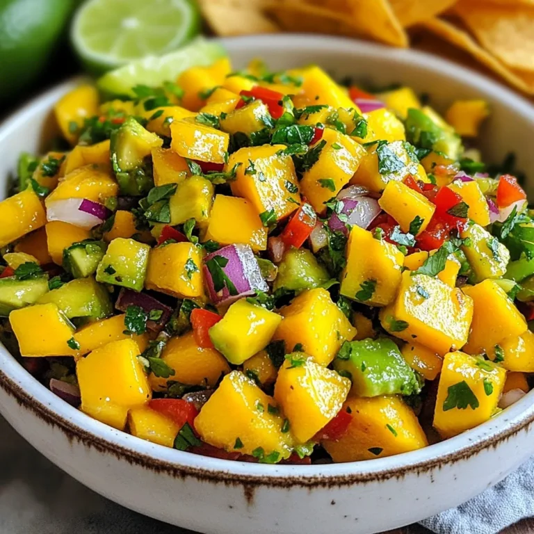 To make mango avocado salsa, you need these fresh ingredients: - 1 ripe mango, diced - 2 ripe avocados, diced - 1 red bell pepper, diced - 1 small red onion, finely chopped - 1 jalapeño, deseeded and minced (optional for heat) - 2 tablespoons fresh lime juice - 1 tablespoon olive oil - 1/4 cup fresh cilantro, chopped - Salt and pepper to taste Each ingredient adds a unique flavor. The ripe mango brings sweetness and a tropical vibe. The avocados add creaminess and richness. The red bell pepper adds crunch and color. The red onion gives a sharp taste, while the jalapeño can spice things up if you like heat. Fresh lime juice keeps everything bright, and cilantro adds freshness. You can customize your mango avocado salsa. Here are some optional ingredients: - Diced pineapple for extra sweetness - Chopped tomatoes for added juiciness - Black beans for protein and texture - Corn for a bit of sweetness and crunch Feel free to mix and match these extras to make your salsa unique! To prepare your salsa, gather these tools: - Sharp knife for dicing - Cutting board for prepping ingredients - Large mixing bowl for combining everything - Spoon for stirring the salsa With these tools, you will make your salsa quickly and easily. Enjoy the process and the flavors! {{ingredient_image_1}} Start by gathering all your fresh ingredients. You will need: - 1 ripe mango, diced - 2 ripe avocados, diced - 1 red bell pepper, diced - 1 small red onion, finely chopped - 1 jalapeño, deseeded and minced (optional for heat) - 2 tablespoons fresh lime juice - 1 tablespoon olive oil - 1/4 cup fresh cilantro, chopped - Salt and pepper to taste First, peel and dice the mango. Cut it into small pieces, so it mixes well. Next, cut the avocados. Be gentle to keep them chunky. Dice the red bell pepper and chop the red onion finely. If you want extra heat, mince the jalapeño. In a large mixing bowl, add the diced mango, avocados, red bell pepper, red onion, and jalapeño. These ingredients create a bright and colorful salsa. Now, drizzle the fresh lime juice and olive oil over your mixture. This adds a tangy flavor and keeps the salsa fresh. Next, add the chopped cilantro. Gently toss everything together. Be careful not to mash the avocados. You want the salsa to be chunky and vibrant. After mixing, season your salsa with salt and pepper. Taste it and adjust the lime juice or seasoning if needed. Let the salsa sit at room temperature for about 10-15 minutes. This resting time helps the flavors blend beautifully. For serving, use a rustic bowl to present your salsa. Pair it with tortilla chips for a delightful crunch. You can also garnish it with a sprig of cilantro or a lime wedge. This adds a pop of color and makes it look extra appealing. Enjoy your fresh and flavorful mango avocado salsa! To enjoy the best flavor, ripening mangoes and avocados is key. Store them at room temperature. This helps them soften and develop their sweet taste. Check them daily. A ripe mango feels slightly soft when you press it. For avocados, the same rule applies. If they are hard, give them time. You can speed up ripening by placing them in a paper bag. Adding a banana or apple can help too. To boost the taste of your mango avocado salsa, try adding fresh herbs. Chopped mint or basil can add a new layer of flavor. You can also mix in diced tomatoes for extra juiciness. If you like heat, add more jalapeño or a dash of hot sauce. For a unique twist, consider a sprinkle of cumin. This adds warmth and depth. Don’t forget to taste as you go, adjusting lime juice and salt for balance. One common mistake is cutting the mango and avocado too early. They can brown quickly. Always chop right before mixing. Another mistake is over-mixing the salsa. You want to keep the avocado chunks intact. This adds texture. Finally, don’t skip letting the salsa rest. It helps the flavors blend well. Ten to fifteen minutes makes a big difference in taste. Pro Tips Choose the Right Mango: Look for mangoes that are slightly soft to the touch and have a sweet aroma at the stem end for the best flavor. Ripe Avocados Matter: Ensure your avocados are perfectly ripe; they should yield slightly to gentle pressure but not feel mushy. Customize the Heat: Adjust the amount of jalapeño based on your heat preference; you can also add diced tomatoes for extra flavor without the heat. Serve Fresh: This salsa is best served fresh, but if you need to store it, keep it in an airtight container and consume within a day to prevent browning. {{image_2}} To make your mango avocado salsa spicy, add more jalapeño. Start with one minced jalapeño. If you want more heat, add another. You can also use serrano peppers. They pack a punch! Mix them in with the mango and avocado. The spice will balance the sweetness of the mango. For a tropical twist, include fresh pineapple. Use about one cup of diced pineapple. This adds sweetness and a juicy bite. Combine it with mango and avocado for a bright salsa. The pineapple gives a fun texture and flavor. It pairs well with fish tacos or grilled chicken. You can add more crunch by mixing in veggies. Try diced cucumbers or radishes. They add a fresh crunch that wakes up the salsa. You can also chop up some sweet corn. Mix these in with the red bell pepper. Each bite will have a different flavor and texture. Use your favorite veggies to create your own mix! After you enjoy your mango avocado salsa, store leftovers in an airtight container. This keeps the salsa fresh and tasty. Place it in the fridge right away. It can last for about 2 to 3 days. However, the avocados may brown a bit due to oxidation. To slow this down, add extra lime juice. Lime juice helps keep the vibrant color. Freezing mango avocado salsa is a great option if you have a lot left. However, the texture may change once you thaw it. The avocados can become mushy. To freeze, place the salsa in a freezer-safe container. Leave some space at the top for expansion. It can last for about 2 months in the freezer. When ready to use, thaw it in the fridge overnight. To keep your salsa fresh for longer, follow these simple tips: - Use ripe ingredients for the best flavor. - Store the salsa in a cool area of the fridge. - Avoid mixing in extra ingredients until you serve. This keeps everything crisp. - Always check for signs of spoilage before eating leftovers. Trust your senses; if it smells or looks off, it's best to toss it. These practices will help you enjoy your mango avocado salsa at its best! To make your salsa spicier, add more jalapeño. You can also include diced serrano peppers. Another option is to mix in a pinch of cayenne pepper. Start with a little and taste. You can always add more. Yes, you can make the salsa ahead of time. Just prepare it and store it in the fridge. It tastes even better after sitting for a while. However, the avocados might brown. To prevent this, add a bit more lime juice before storing. Mango avocado salsa pairs well with grilled chicken or fish. You can also serve it with tortilla chips for a snack. Another idea is to use it as a topping for tacos or burritos. It adds freshness and flavor to any dish! In this post, you learned how to make delicious mango avocado salsa. We covered fresh and optional ingredients, along with the tools you need. You now know the step-by-step instructions and tips for ripening fruits and enhancing flavors. Consider trying variations like spicy salsa or a tropical twist. Remember how to store leftovers for the best taste and freshness. Enjoy making this salsa, and impress your friends with your skills!