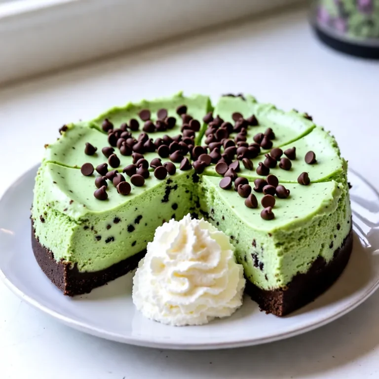 - 1 ½ cups chocolate cookie crumbs - ⅓ cup unsalted butter, melted - 2 (8 oz) packages cream cheese, softened - 1 cup granulated sugar - 1 teaspoon vanilla extract - 2 teaspoons peppermint extract - 3 large eggs - 1 cup heavy cream - ½ cup mini chocolate chips - Green food coloring (optional) - Extra mini chocolate chips for topping To make mint chocolate chip cheesecake, gather these fun ingredients. The chocolate cookie crumbs create a tasty crust. Melt the unsalted butter to mix with the crumbs. Cream cheese gives the filling its smooth texture. Granulated sugar adds the right sweetness. Vanilla and peppermint extracts bring wonderful flavors. Eggs help bind everything together. Heavy cream makes the filling rich and creamy. Mini chocolate chips add extra chocolate goodness. If you want a minty color, use green food coloring. Finally, save some mini chocolate chips to top the cheesecake for a sweet finish. Enjoy selecting these ingredients and get ready to bake! {{ingredient_image_1}} First, preheat your oven to 325°F (160°C). This step is key to getting the cheesecake just right. In a medium bowl, mix 1 ½ cups of chocolate cookie crumbs with ⅓ cup of melted unsalted butter. Stir until all the crumbs are coated. Next, press this mixture into the bottom of a 9-inch springform pan. Make it even and firm. Bake this crust for 10 minutes. Once done, let it cool. In a large bowl, beat 2 packages of softened cream cheese until smooth. Gradually add 1 cup of granulated sugar. Keep mixing until they blend well. Now, add 1 teaspoon of vanilla extract and 2 teaspoons of peppermint extract. Add 3 large eggs one at a time. Mix on low speed after each egg until just combined. Next, pour in 1 cup of heavy cream. Mix it until the batter is smooth. If you want, add a few drops of green food coloring to give it a minty look. Gently fold in ½ cup of mini chocolate chips. Make sure they are evenly spread in the batter. Now, pour this batter over the cooled crust in the springform pan. Bake it in your preheated oven for about 50-60 minutes. The center should be set but still slightly jiggly. After baking, turn off the oven and crack the door. Let the cheesecake cool inside for 1 hour. Then, remove it and refrigerate for at least 4 hours, or better yet, overnight. Before serving, add extra mini chocolate chips on top for garnish. Slice the cheesecake into wedges. You can serve it with a dollop of whipped cream beside it and a sprig of fresh mint for a nice touch. Enjoy your Mint Chocolate Chip Cheesecake! To get smooth cheesecake, use softened cream cheese. Beat it well to remove lumps. Mix in sugar slowly for a creamy blend. Add eggs one at a time. This keeps the batter light and fluffy. When you add heavy cream, do it gently. Mix until smooth, but don’t overdo it. Overmixing can create cracks in your cheesecake. While peppermint is a star, you can play with flavors. Try adding a bit of orange zest for a citrus twist. Almond extract can also add a nice touch. If you enjoy dark chocolate, swap mini chocolate chips for dark ones. For a fun surprise, add crushed mint candies. You can even make it fun with different colored food dye. Slice the cheesecake into neat wedges. A sharp knife helps get clean cuts. Serve with whipped cream on the side. A sprig of fresh mint makes each plate pop with color. For a touch of elegance, drizzle chocolate sauce on the plate. A sprinkle of extra mini chocolate chips on top adds a delightful crunch. Pro Tips Use Room Temperature Cream Cheese: Ensure your cream cheese is softened to room temperature before mixing. This helps achieve a smooth and creamy texture without lumps. Don’t Overmix: Once you add the eggs, mix on low speed just until incorporated. Overmixing can lead to cracks in your cheesecake. Check for Doneness: The cheesecake is done when the edges are set but the center still has a slight jiggle. It will firm up as it cools. Chill Overnight: For the best flavor and texture, allow your cheesecake to chill overnight before serving. This enhances the mint flavor and makes it easier to slice. {{image_2}} You can make a gluten-free mint chocolate chip cheesecake easily. Just swap regular chocolate cookie crumbs for gluten-free ones. Look for brands that use rice flour or almond flour. Make sure your other ingredients, like cream cheese and butter, are also gluten-free. This way, everyone can enjoy this yummy treat! If you want a no-bake version, skip the oven altogether! Just mix the crust with chocolate cookie crumbs and melted butter. Press it into your pan as usual. For the filling, blend cream cheese, sugar, and extracts. Fold in whipped cream and chocolate chips. Chill it in the fridge for at least four hours. This version is cool and creamy, perfect for hot days! You can play with different types of chocolate in this recipe. Try using dark chocolate cookie crumbs instead of regular ones for a richer flavor. You can also use dark chocolate chips instead of mini chocolate chips. This adds a nice contrast to the mint flavor. For a sweeter treat, use white chocolate chips. Each choice gives a unique twist to your cheesecake! After you make the mint chocolate chip cheesecake, let it cool. Cover the cheesecake with plastic wrap or foil. Store it in the fridge. It stays fresh for up to a week. If you want to keep it longer, freezing is a great option. To freeze your cheesecake, first, let it cool fully. Then, wrap it tightly in plastic wrap. Place the wrapped cheesecake in a freezer-safe container or bag. It can last for up to three months in the freezer. When you are ready to eat it, thaw it in the fridge overnight. If you want to enjoy it warm, you can reheat individual slices. Place a slice on a microwave-safe plate. Heat it in the microwave for about 10 to 15 seconds. This warms it without cooking it further. For a fresh taste, top it with whipped cream or extra chocolate chips before serving. The best way to serve this cheesecake is chilled. Slice it into wedges and place them on plates. Add a dollop of whipped cream on the side. A sprig of fresh mint on top adds a nice touch. You can also sprinkle extra mini chocolate chips for added fun. Yes! You can use any type of cookie you like. Oreos are a great choice, but you can also try graham crackers or even vanilla wafers. Each cookie will give a unique flavor to the crust. Just crush them into crumbs and mix with melted butter. This cheesecake can last in the fridge for about 5 days. Make sure to cover it well to keep it fresh. If you want to enjoy it later, you can freeze it for up to 2 months. Absolutely! Light cream cheese works well as a substitute. It keeps the cheesecake creamy while reducing some calories. Just make sure it is softened for easy mixing. If you don't have peppermint extract, you can use mint extract. It has a similar flavor. You can also use vanilla extract for a different taste, just keep in mind it won’t have that minty zing. You learned how to make a delicious Mint Chocolate Chip Cheesecake. We covered simple ingredients and step-by-step instructions. Remember the tips for perfect texture and flavor. You can even try fun variations like gluten-free or no-bake options. Don't forget the best ways to store and serve your cheesecake. Creating this treat can be easy and fun. I hope you feel inspired to bake. Enjoy every bite of your creamy dessert!