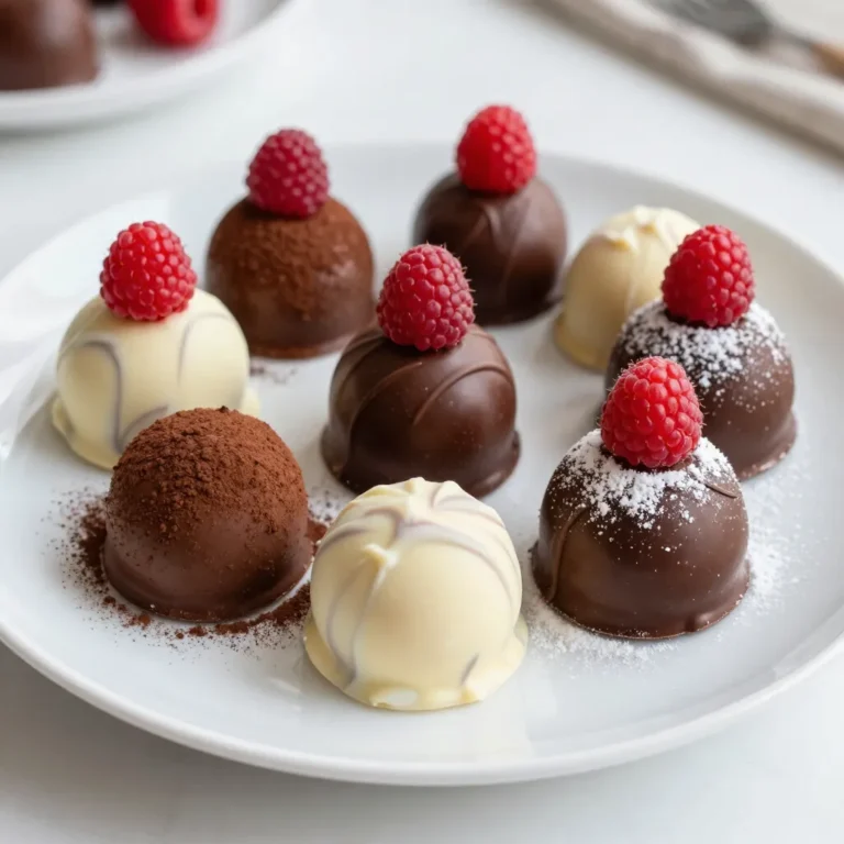 - 8 oz dark chocolate, finely chopped - 4 oz white chocolate, finely chopped - 1 cup heavy cream - 1 cup fresh raspberries, pureed - 2 tablespoons raspberry extract - 1 tablespoon unsweetened cocoa powder - 1 tablespoon powdered sugar - Fresh raspberries for garnishing - Cocoa powder for dusting Choose high-quality chocolate for the best truffles. Look for chocolate with 70% cocoa solids for dark chocolate. This will give your truffles a rich taste. For white chocolate, select one with real cocoa butter. Check the label to avoid fillers. Fresh raspberries should be bright and firm. Smell them to ensure they are not overly ripe. When picking heavy cream, go for ones with no additives. This keeps the flavor clean and pure. Each truffle has about 100 calories. It contains 6g of fat, 10g of carbs, and 1g of protein. The sugar content is around 8g. Raspberries add fiber and vitamins. Enjoy these truffles in moderation for a sweet treat. {{ingredient_image_1}} To start, I heat 1 cup of heavy cream and 1 cup of fresh raspberry puree in a saucepan. I stir gently until the mix is warm but not boiling. Once heated, I add 8 oz of finely chopped dark chocolate. After about 2 minutes, I stir until the chocolate melts and the mixture is smooth. I set it aside to cool for 30 minutes at room temperature. This ganache will be rich and creamy. While the dark chocolate ganache cools, I take a separate bowl. I add 4 oz of finely chopped white chocolate and 2 tablespoons of raspberry extract to it. After the ganache cools, I take half of it and fold it gently into the white chocolate mix. This creates a nice marbled effect. The mix is now both raspberry and chocolate. Next, I place the combined mixtures in the fridge for 1 to 2 hours. This helps them firm up. Once set, I use a small scoop to form truffles. I alternate between the dark chocolate ganache and the raspberry-white chocolate mix. This adds fun shapes and designs. After forming, I roll each truffle in my hands to smooth them out. I place them on a plate lined with parchment paper. For the finishing touch, I roll half in unsweetened cocoa powder and dust the others with powdered sugar. To make them look special, I top each truffle with a fresh raspberry. To make a smooth ganache, heat the cream gently. Do not let it boil. Add the dark chocolate after removing it from heat. Let it sit for two minutes. This helps the chocolate melt evenly. Stir until everything blends well. If you notice any lumps, keep stirring. You can also use a whisk for a silkier texture. Store your truffles in an airtight container. This keeps them fresh and moist. Place a piece of parchment paper between layers. This prevents them from sticking together. You can keep them in the fridge for up to two weeks. If you want them to last longer, freeze them. Just thaw them in the fridge before serving. For a stunning display, use a nice platter. Arrange the truffles in groups. Alternate cocoa-dusted and powdered sugar ones. Add fresh raspberries around the truffles. This adds color and charm. You can also use small decorative cups for each truffle. This makes them easy to grab and enjoy! Pro Tips Use Quality Chocolate: The flavor of your truffles greatly depends on the quality of chocolate you use. Opt for high-quality dark and white chocolates for the best results. Chill Thoroughly: Ensure that your ganache is completely chilled before scooping. This prevents the truffles from melting in your hands while shaping. Experiment with Flavors: Feel free to add other flavor extracts or spices to your truffles. A hint of vanilla or a pinch of sea salt can elevate the taste. Make Ahead: These truffles can be made in advance and stored in the refrigerator. They also freeze well, making them perfect for parties or gifting. {{image_2}} You can add fun flavors to your truffles. Try vanilla extract for a sweet touch. Almond extract gives a nutty taste. You might even use mint extract for a cool twist. Just add a teaspoon to the cream and raspberry mix. This small change can create a whole new truffle experience. While cocoa powder and powdered sugar are classic, you can explore other coatings. Chopped nuts like almonds or hazelnuts add crunch. You can use shredded coconut for a tropical vibe. For a fancy look, dip the truffles in melted chocolate again. This adds a smooth outer shell. Play with colors to match your theme! Raspberries shine, but other fruits work well too. Strawberries give a sweet twist. Blueberries can add a burst of flavor. Try cherries for a tart touch. You can even mix fruits, like raspberries and strawberries, for a fruity surprise. Use fruit purees in your ganache for added fun. When making truffles, the chocolate matters a lot. I recommend using high-quality chocolate for the best taste. Look for brands like: - Ghirardelli: Their dark chocolate is rich and smooth. - Callebaut: This brand is perfect for fine baking. - Lindt: Their white chocolate melts well and tastes great. These brands offer a mix of flavor and texture you need for your truffles. Fresh raspberries are key for flavor. You can often find them at local farmer's markets. These berries are ripe and sweet. You can also check grocery stores like: - Whole Foods: They have organic options. - Trader Joe’s: Their produce is fresh and affordable. - Local farms: If you have a farm nearby, visit them for the best berries. Buying local ensures you get the freshest raspberries for your truffles. For hard-to-find items, online shopping is your best bet. Websites like Amazon have everything you need. You can find: - Specialty chocolate brands. - Raspberry extract to add more flavor. - Cocoa powder and powdered sugar for coating. Shopping online gives you access to a wide range of products. Plus, you can compare prices easily, ensuring you get the best deal. Yes, you can make these truffles ahead of time. They keep well in the fridge. Make them up to a week in advance. Just store them in an airtight container. This way, you can enjoy them fresh when you want. To store leftover truffles, place them in a sealed container. Keep them in the fridge for up to a week. If you want to keep them longer, freeze them. Just remember to thaw them in the fridge before serving. This keeps them from getting too soft. The best way to serve chocolate truffles is on a nice plate. You can arrange them by coating type, like cocoa or powdered sugar. Adding fresh raspberries around them makes a lovely touch. This adds color and a pop of flavor. You learned how to make delicious chocolate truffles today. We covered the key ingredients and how to select them wisely. I shared step-by-step instructions for making the perfect ganache and rolling the truffles. You also discovered tips for smooth ganache and best storage practices. Don't forget the fun variations to try and where to find the best ingredients. Remember, making truffles is easy and rewarding. Enjoy your chocolate-making journey!