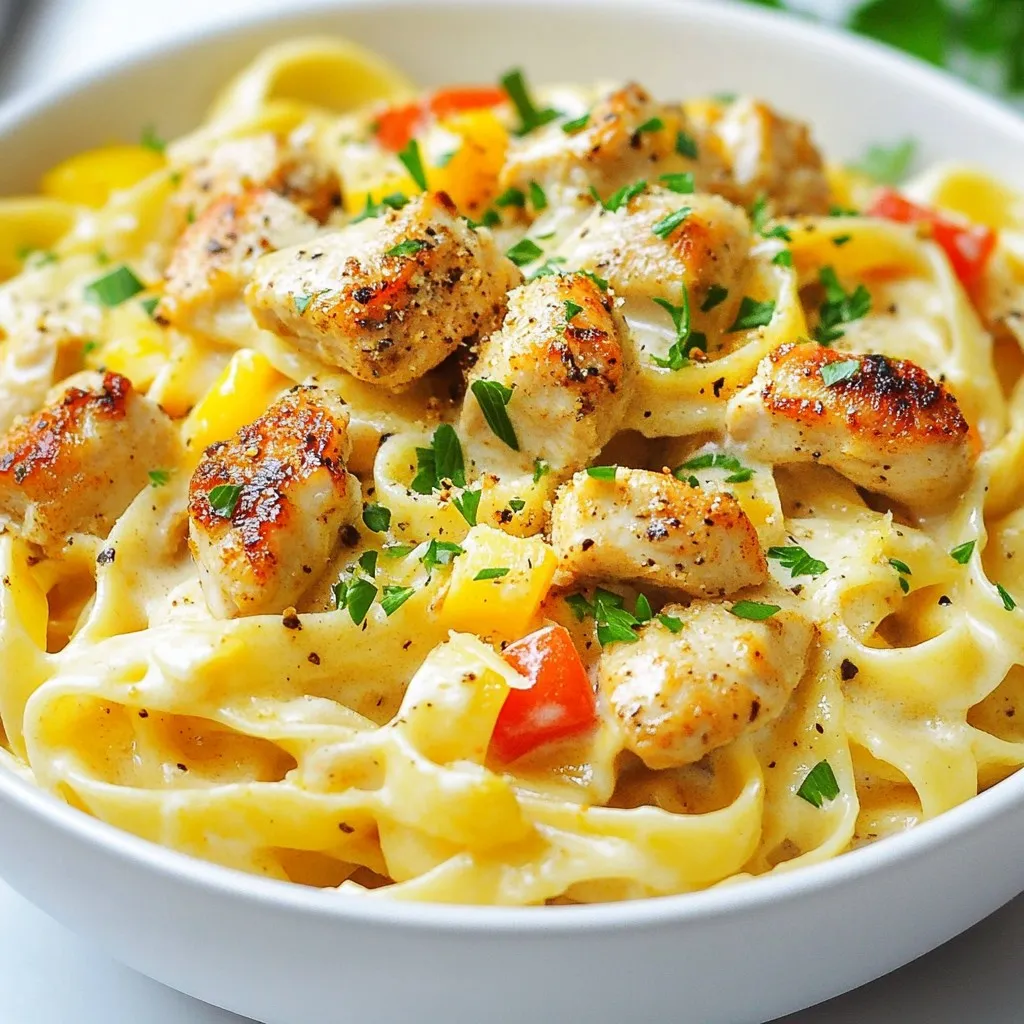 Here is a list of ingredients you will need for Creamy Cajun Chicken Pasta: - 2 boneless, skinless chicken breasts, sliced - 8 oz fettuccine pasta - 2 tablespoons Cajun seasoning - 1 tablespoon olive oil - 1 small onion, finely chopped - 3 cloves garlic, minced - 1 bell pepper (red or green), diced - 1 cup heavy cream - 1 cup chicken broth - 1 cup grated Parmesan cheese - Salt and pepper to taste - Fresh parsley, chopped, for garnish Each ingredient plays a key role. The chicken is the star, seasoned with Cajun spices. Fettuccine gives the dish a nice base. The cream and broth create a rich, smooth sauce. Onions, garlic, and peppers add flavor and texture. Parmesan ties everything together with its salty, nutty notes. Don't forget fresh parsley for a bright finish. Gather these ingredients before you start cooking. It makes the process smoother and more fun. This dish is not just quick; it bursts with flavors that will impress anyone at your table. {{ingredient_image_1}} To start, fill a large pot with water. Add a good amount of salt. Bring it to a boil. Once boiling, add 8 oz of fettuccine pasta. Cook the pasta for about 8 to 10 minutes until it is al dente. This means the pasta should still have a slight bite. When done, drain the pasta and set it aside. While the pasta cooks, season the sliced chicken breasts. Use 2 tablespoons of Cajun seasoning. Make sure each piece is well-coated. Heat 1 tablespoon of olive oil in a large skillet over medium heat. Add the chicken to the skillet and cook for 5 to 7 minutes. The chicken should turn golden brown and be cooked through. Once done, remove the chicken from the skillet and set it aside. In the same skillet, add the finely chopped onion and diced bell pepper. Sauté these for about 3 to 4 minutes until they soften. Next, add 3 minced garlic cloves and cook for another minute. This will make your kitchen smell amazing! Now, pour in 1 cup of chicken broth and bring it to a simmer. Slowly stir in 1 cup of heavy cream. Let it bubble gently for 2 to 3 minutes until it thickens slightly. Finally, mix in 1 cup of grated Parmesan cheese. Stir until it melts into a creamy sauce. Take the cooked chicken and fettuccine and add them to the sauce. Toss everything gently to coat the pasta and chicken in that rich, creamy sauce. Taste the dish and adjust the seasoning with more salt, pepper, or Cajun seasoning as needed. Once everything is mixed well, remove the skillet from the heat. Transfer the pasta to serving plates. For a lovely touch, sprinkle fresh chopped parsley on top. This not only adds color but also a fresh flavor. Enjoy your creamy Cajun chicken pasta! To thicken your sauce without lumps, follow these steps. Start with a cold liquid and slowly whisk it into the hot mixture. This helps blend it in smoothly. If your sauce seems too thin, let it cook a bit longer. The heat will naturally reduce it. Adjusting spice levels is simple. If you like it milder, use less Cajun seasoning. You can also add cream to tone down the heat. For a spicier sauce, add more seasoning or a dash of hot sauce. To check for doneness, use a meat thermometer. The chicken should reach 165°F. If you don't have a thermometer, cut into a piece. The meat should be white with no pink inside. For juicy chicken, don't overcook it. Cook until golden brown on the outside. Let it rest for a few minutes after cooking, so the juices stay inside. Choosing different types of pasta can change your dish. Fettuccine works well, but you can use penne or spaghetti too. Each type adds a unique texture. If you need gluten-free options, look for gluten-free pasta made from rice or corn. They cook differently, so check the package for instructions. Pro Tips Perfectly Cooked Pasta: Always cook the pasta al dente, as it will continue to cook slightly when tossed with the sauce. Adjusting Spice Levels: If you prefer a milder dish, reduce the amount of Cajun seasoning or use a mild variety. Cheese Variations: Experiment with different cheeses like Gouda or smoked cheddar for a unique flavor twist. Make it Ahead: You can prepare the chicken and sauce ahead of time and simply toss with freshly cooked pasta before serving. {{image_2}} You can boost the health of your creamy Cajun chicken pasta by adding vegetables. Seasonal vegetables work best. Try these options: - Zucchini, sliced - Cherry tomatoes, halved - Spinach or kale, chopped These veggies add color and nutrients. You can toss in leafy greens like spinach for extra flavor. Add them just before serving. This keeps them bright and fresh. If you want to switch things up, consider different proteins. Here are some tasty alternatives to chicken: - Shrimp, peeled and deveined - Tofu, cubed and pressed - Sausage, sliced or crumbled For a vegetarian or vegan meal, you can use tofu or tempeh. These options soak up the sauce well. They add protein without meat. To make your dish more exciting, consider adding extra spices. Here are some ideas: - Smoked paprika for depth - Cayenne pepper for heat - Black pepper for a kick Cajun blends can vary in heat. If you like it spicy, try a hotter mix. Adjust the amount of Cajun seasoning to match your taste. This way, you can enjoy the perfect level of heat. To store your leftover Creamy Cajun Chicken Pasta, let it cool first. Place it in an airtight container. This keeps the dish fresh and tasty. You can store it in the fridge for about 3 to 4 days. When you’re ready to eat, just reheat it on the stove or in the microwave. If you want to save some for later, you can freeze it. Portion the pasta into freezer-safe bags or containers. Be sure to remove as much air as possible to prevent freezer burn. It can last in the freezer for up to 2 months. When it’s time to enjoy it again, thaw it in the fridge overnight. Reheat it on the stove over low heat. Add a splash of chicken broth or cream if it seems dry. This will help restore its creamy goodness. To add some heat, try these tips: - Use more Cajun seasoning. Start with a half tablespoon more. - Add crushed red pepper flakes. A pinch can make a big difference. - Mix in diced jalapeños. These fresh peppers add a nice kick. - Use hot sauce. Drizzle your favorite brand over the top before serving. Yes! Here are some great dairy-free options: - Use coconut cream instead of heavy cream. It gives a rich texture. - Try almond milk or oat milk. They work well for a lighter sauce. - Nutritional yeast can replace Parmesan cheese. It adds a cheesy flavor without dairy. These sides pair well with your pasta: - Garlic bread is a classic choice. It’s great for soaking up sauce. - A simple green salad with vinaigrette adds freshness. - Roasted vegetables offer a nice crunch and flavor contrast. - Corn on the cob can be a fun and tasty side. Absolutely! Here’s how to prepare it ahead: - Cook and store the pasta separately. This keeps it from getting mushy. - Make the sauce and chicken in advance. Store them in airtight containers. - Combine everything when you are ready to eat. Heat it on the stove or in the microwave. This blog post covered how to make a delicious Creamy Cajun Chicken Pasta. You learned about the key ingredients, step-by-step cooking methods, and helpful tips for perfecting the dish. We also discussed variations and smart storage solutions. In summary, this recipe is both simple and tasty. It allows for creative spins, whether you add veggies or switch proteins. Now, you can impress your friends and family with a flavorful meal they'll love. Enjoy your cooking!