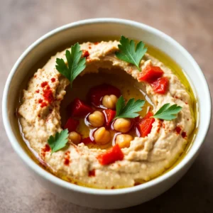 To make roasted red pepper hummus, you will need: - 1 cup canned chickpeas, drained and rinsed - 1 large roasted red pepper, peeled and seeded - 2 tablespoons tahini - 2 tablespoons olive oil - 2 tablespoons lemon juice - 1 garlic clove, minced - 1/2 teaspoon ground cumin - Salt, to taste - Water, as needed for consistency - Fresh parsley, for garnish - Paprika, for garnish - Chickpeas: High in protein and fiber, they help keep you full. - Roasted Red Pepper: Rich in vitamins A and C, they add flavor and color. - Tahini: Offers healthy fats and boosts calcium intake. - Olive Oil: Provides heart-healthy monounsaturated fats. - Lemon Juice: Adds vitamin C and brightens flavors. - Garlic: Contains antioxidants and may boost immunity. - Cumin: Offers digestive benefits and a warm flavor. - Salt: Enhances taste but should be used in moderation. - Parsley: Adds vitamins and a fresh touch. - Paprika: Gives color and a mild flavor. - Choose canned chickpeas that are low in sodium for a healthier option. - Look for roasted red peppers in jars with no added sugars. - Select tahini made from pure sesame seeds for better flavor. - Use extra virgin olive oil for its rich taste and health benefits. - Pick fresh lemons that feel heavy for their size; they are juicier. - Choose firm garlic cloves for the best flavor and freshness. - Opt for whole spices, like cumin seeds, and grind them for a stronger taste. - Get fresh parsley that looks vibrant and smells fragrant. - Check for high-quality paprika for a rich color and flavor. {{ingredient_image_1}} To make roasted red pepper hummus, start with the ingredients. Gather your canned chickpeas, roasted red pepper, tahini, olive oil, lemon juice, and garlic. Place them into your food processor. Add in the ground cumin and a pinch of salt. Next, blend this mixture on high speed. You want it to be smooth and creamy. If it feels too thick, that's okay! Just add water, one tablespoon at a time. Blend again until you reach your desired texture. Once it's creamy, taste the hummus. You may want to add more salt, lemon juice, or cumin to enhance the flavors. After adjusting, transfer the hummus to a bowl. Drizzle some olive oil on top and sprinkle with paprika. This not only adds flavor but also makes it look nice. The key to great hummus is how you blend it. Start on high speed to break down the chickpeas and other ingredients. This helps create that smooth texture we all love. If you find it still clumps, add a little water. Keep blending! Each time you add water, blend again. This will help mix everything together well. If you want an ultra-smooth hummus, you can blend even longer. Just make sure to stop and scrape down the sides of the bowl to catch any bits that didn't mix. Tasting is vital! After blending, always taste your hummus. If it needs more flavor, add salt, lemon juice, or cumin. I often start with a little and add more as needed. Remember, you can always add, but you can't take away! If you want to spice things up, consider adding a pinch of cayenne pepper or extra garlic. For a fresh twist, try adding fresh herbs like cilantro or parsley. Feel free to experiment until you find your perfect blend! To make your hummus smooth, use canned chickpeas. They blend easier than dried ones. Start by adding all your ingredients to a food processor. If the mixture is thick, add water slowly. Use one tablespoon at a time. Blend until you reach a creamy texture. This may take a few minutes. Keep tasting and adjust as needed. To boost flavor, use fresh garlic and high-quality olive oil. Roasted red peppers add a sweet taste. Don't skip the lemon juice; it balances flavors. Cumin gives a warm, earthy note. Adjust salt to your taste. Adding a pinch more can make a big difference. Feel free to experiment with spices until it feels right. Serve your hummus with fresh veggies like carrots and cucumbers. Pita chips or warm pita bread are great, too. For a fun twist, try it on sandwiches. You can also use hummus as a dip for snacks. Garnish with parsley and paprika for a bright look. This makes it more appealing to serve at parties. Pro Tips Roast Your Peppers: For a deeper flavor, consider roasting your own red peppers over an open flame or in the oven until the skins are charred. This enhances the smokiness of the hummus. Chill Before Serving: Allow your hummus to chill in the refrigerator for at least an hour before serving. This helps the flavors meld together beautifully. Experiment with Spices: Feel free to add other spices such as smoked paprika or cayenne pepper for a kick, or even some fresh herbs like basil for a unique twist. Perfect Pairings: Serve your hummus with a variety of dippers such as pita chips, veggie sticks, or even spread it on sandwiches for added flavor. {{image_2}} Want a kick? Add heat with spices! Use cayenne pepper or red pepper flakes. Start with a pinch. Blend it in with your other ingredients. Taste as you go to find your perfect spice level. This version adds a fun twist to the classic flavor. Fresh herbs can elevate your hummus. Try adding basil or cilantro. Just chop them finely and mix them in. You can also use dried herbs like oregano or thyme. This gives your hummus a fresh and vibrant taste. For extra crunch and nutrition, add nuts or seeds. Pine nuts or sunflower seeds work well. Toast them lightly for a richer flavor. Blend them in for a creamy texture. This adds a unique twist and boosts protein. To keep your roasted red pepper hummus fresh, use an airtight container. Make sure it seals tightly. This will help keep out air and moisture, which can spoil your hummus. Before storing, let the hummus cool completely if you made it warm. You can also drizzle a thin layer of olive oil on top. This adds flavor and helps keep it fresh. When stored properly in the fridge, roasted red pepper hummus can last about 5 to 7 days. Always check for signs of spoilage. If it smells off or has a strange color, it&rsquo;s best to throw it away. Label your container with a date. This helps you remember when you made it. You can freeze roasted red pepper hummus for up to 3 months. Portion it into smaller containers or ice cube trays. This way, you can thaw just what you need. To thaw, place it in the fridge overnight. Stir well before serving, as the texture may change slightly after freezing. You can serve roasted red pepper hummus with many tasty items. Some great choices include: - Pita bread - Fresh veggies like carrots and cucumbers - Crackers - Tortilla chips - Grilled meats, like chicken or shrimp These pairings add crunch and flavor. You can dip, spread, or enjoy them in wraps. This hummus also makes a great topping for salads or grain bowls. Yes, you can use fresh red peppers. However, the taste will change. Roasting brings out a sweet, smoky flavor. To use fresh peppers, you need to grill them or bake them until soft. This will help mimic the taste of roasted peppers. Yes, roasted red pepper hummus is vegan-friendly! It contains no animal products. The main ingredients are chickpeas, tahini, and olive oil. All these items are plant-based. This makes hummus a great choice for vegans and those who love healthy snacks. Roasted red pepper hummus is simple to make. We covered the key ingredients, their nutrition, and tips for selection. You learned step-by-step cooking methods and how to blend for the best texture. I shared ways to enhance flavor, serve, and store your hummus. Different variations offer new tastes to try. This hummus is healthy, tasty, and vegan-friendly. Enjoy making it and impress your friends with your new skills!