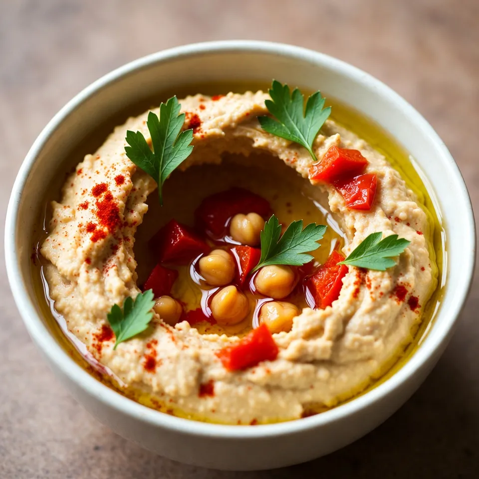 To make roasted red pepper hummus, you will need: - 1 cup canned chickpeas, drained and rinsed - 1 large roasted red pepper, peeled and seeded - 2 tablespoons tahini - 2 tablespoons olive oil - 2 tablespoons lemon juice - 1 garlic clove, minced - 1/2 teaspoon ground cumin - Salt, to taste - Water, as needed for consistency - Fresh parsley, for garnish - Paprika, for garnish - Chickpeas: High in protein and fiber, they help keep you full. - Roasted Red Pepper: Rich in vitamins A and C, they add flavor and color. - Tahini: Offers healthy fats and boosts calcium intake. - Olive Oil: Provides heart-healthy monounsaturated fats. - Lemon Juice: Adds vitamin C and brightens flavors. - Garlic: Contains antioxidants and may boost immunity. - Cumin: Offers digestive benefits and a warm flavor. - Salt: Enhances taste but should be used in moderation. - Parsley: Adds vitamins and a fresh touch. - Paprika: Gives color and a mild flavor. - Choose canned chickpeas that are low in sodium for a healthier option. - Look for roasted red peppers in jars with no added sugars. - Select tahini made from pure sesame seeds for better flavor. - Use extra virgin olive oil for its rich taste and health benefits. - Pick fresh lemons that feel heavy for their size; they are juicier. - Choose firm garlic cloves for the best flavor and freshness. - Opt for whole spices, like cumin seeds, and grind them for a stronger taste. - Get fresh parsley that looks vibrant and smells fragrant. - Check for high-quality paprika for a rich color and flavor. {{ingredient_image_1}} To make roasted red pepper hummus, start with the ingredients. Gather your canned chickpeas, roasted red pepper, tahini, olive oil, lemon juice, and garlic. Place them into your food processor. Add in the ground cumin and a pinch of salt. Next, blend this mixture on high speed. You want it to be smooth and creamy. If it feels too thick, that's okay! Just add water, one tablespoon at a time. Blend again until you reach your desired texture. Once it's creamy, taste the hummus. You may want to add more salt, lemon juice, or cumin to enhance the flavors. After adjusting, transfer the hummus to a bowl. Drizzle some olive oil on top and sprinkle with paprika. This not only adds flavor but also makes it look nice. The key to great hummus is how you blend it. Start on high speed to break down the chickpeas and other ingredients. This helps create that smooth texture we all love. If you find it still clumps, add a little water. Keep blending! Each time you add water, blend again. This will help mix everything together well. If you want an ultra-smooth hummus, you can blend even longer. Just make sure to stop and scrape down the sides of the bowl to catch any bits that didn't mix. Tasting is vital! After blending, always taste your hummus. If it needs more flavor, add salt, lemon juice, or cumin. I often start with a little and add more as needed. Remember, you can always add, but you can't take away! If you want to spice things up, consider adding a pinch of cayenne pepper or extra garlic. For a fresh twist, try adding fresh herbs like cilantro or parsley. Feel free to experiment until you find your perfect blend! To make your hummus smooth, use canned chickpeas. They blend easier than dried ones. Start by adding all your ingredients to a food processor. If the mixture is thick, add water slowly. Use one tablespoon at a time. Blend until you reach a creamy texture. This may take a few minutes. Keep tasting and adjust as needed. To boost flavor, use fresh garlic and high-quality olive oil. Roasted red peppers add a sweet taste. Don't skip the lemon juice; it balances flavors. Cumin gives a warm, earthy note. Adjust salt to your taste. Adding a pinch more can make a big difference. Feel free to experiment with spices until it feels right. Serve your hummus with fresh veggies like carrots and cucumbers. Pita chips or warm pita bread are great, too. For a fun twist, try it on sandwiches. You can also use hummus as a dip for snacks. Garnish with parsley and paprika for a bright look. This makes it more appealing to serve at parties. Pro Tips Roast Your Peppers: For a deeper flavor, consider roasting your own red peppers over an open flame or in the oven until the skins are charred. This enhances the smokiness of the hummus. Chill Before Serving: Allow your hummus to chill in the refrigerator for at least an hour before serving. This helps the flavors meld together beautifully. Experiment with Spices: Feel free to add other spices such as smoked paprika or cayenne pepper for a kick, or even some fresh herbs like basil for a unique twist. Perfect Pairings: Serve your hummus with a variety of dippers such as pita chips, veggie sticks, or even spread it on sandwiches for added flavor. {{image_2}} Want a kick? Add heat with spices! Use cayenne pepper or red pepper flakes. Start with a pinch. Blend it in with your other ingredients. Taste as you go to find your perfect spice level. This version adds a fun twist to the classic flavor. Fresh herbs can elevate your hummus. Try adding basil or cilantro. Just chop them finely and mix them in. You can also use dried herbs like oregano or thyme. This gives your hummus a fresh and vibrant taste. For extra crunch and nutrition, add nuts or seeds. Pine nuts or sunflower seeds work well. Toast them lightly for a richer flavor. Blend them in for a creamy texture. This adds a unique twist and boosts protein. To keep your roasted red pepper hummus fresh, use an airtight container. Make sure it seals tightly. This will help keep out air and moisture, which can spoil your hummus. Before storing, let the hummus cool completely if you made it warm. You can also drizzle a thin layer of olive oil on top. This adds flavor and helps keep it fresh. When stored properly in the fridge, roasted red pepper hummus can last about 5 to 7 days. Always check for signs of spoilage. If it smells off or has a strange color, it’s best to throw it away. Label your container with a date. This helps you remember when you made it. You can freeze roasted red pepper hummus for up to 3 months. Portion it into smaller containers or ice cube trays. This way, you can thaw just what you need. To thaw, place it in the fridge overnight. Stir well before serving, as the texture may change slightly after freezing. You can serve roasted red pepper hummus with many tasty items. Some great choices include: - Pita bread - Fresh veggies like carrots and cucumbers - Crackers - Tortilla chips - Grilled meats, like chicken or shrimp These pairings add crunch and flavor. You can dip, spread, or enjoy them in wraps. This hummus also makes a great topping for salads or grain bowls. Yes, you can use fresh red peppers. However, the taste will change. Roasting brings out a sweet, smoky flavor. To use fresh peppers, you need to grill them or bake them until soft. This will help mimic the taste of roasted peppers. Yes, roasted red pepper hummus is vegan-friendly! It contains no animal products. The main ingredients are chickpeas, tahini, and olive oil. All these items are plant-based. This makes hummus a great choice for vegans and those who love healthy snacks. Roasted red pepper hummus is simple to make. We covered the key ingredients, their nutrition, and tips for selection. You learned step-by-step cooking methods and how to blend for the best texture. I shared ways to enhance flavor, serve, and store your hummus. Different variations offer new tastes to try. This hummus is healthy, tasty, and vegan-friendly. Enjoy making it and impress your friends with your new skills!