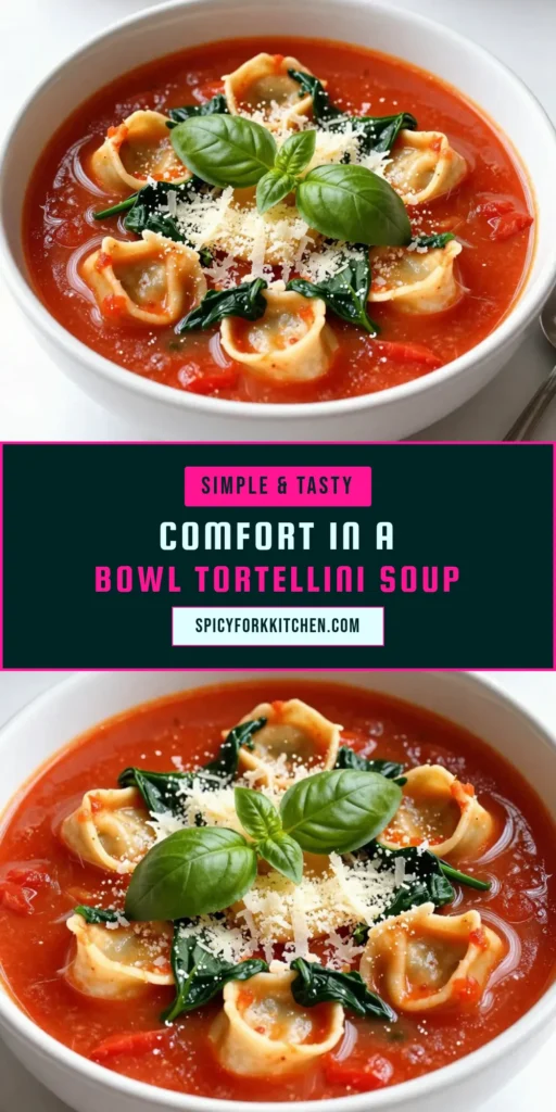 Warm up your dinner with this delicious Tomato Basil Tortellini Soup, a hearty tortellini soup recipe that's perfect for any night of the week! This easy vegetable soup combines creamy tomato goodness with cheese tortellini for the ultimate comfort food soup recipe. Ready in just 30 minutes, it’s a must-try! Save this recipe for later and enjoy the flavors of home. #TortelliniSoup #ComfortFood #EasyRecipes #TomatoBasilSoup
