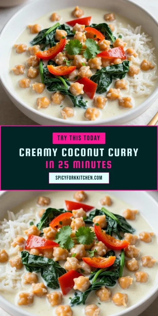 Indulge in this creamy coconut curry chickpeas recipe that's both delicious and easy! This vegan coconut curry is perfect for a quick weeknight dinner. Made with chickpeas, coconut milk, and vibrant spices, this easy chickpea curry will become a family favorite. Serve it over rice or quinoa for a nutritious meal that’s full of flavor. Try this delightful dish and savor every bite! Save this coconut milk recipe for later! #ChickpeaCurry #CreamyCoconutCurry #VeganCoconutCurry #EasyChickpeaCurry