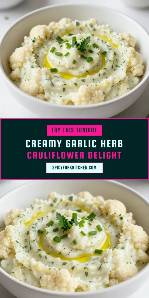 Discover the deliciousness of Garlic Herb Mashed Cauliflower! This healthy mashed cauliflower recipe is a perfect vegan cauliflower mash that satisfies your cravings without the carbs. With its creamy texture and rich garlic flavor, this low-carb mashed cauliflower will become a family favorite. Ready in just 25 minutes, it’s a must-try! Save this creamy garlic cauliflower recipe for your next meal! #HealthyEating #VeganRecipes #LowCarb #CauliflowerRecipes