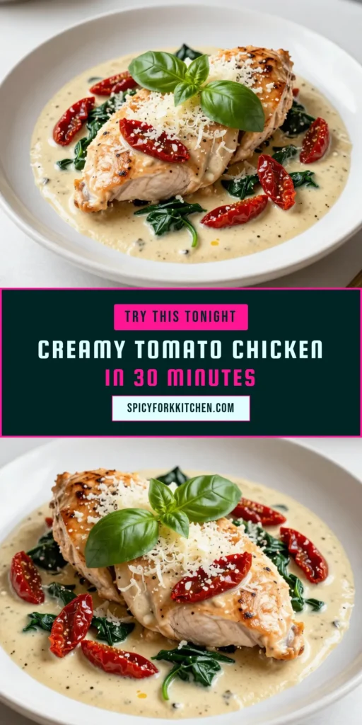 Discover the ultimate easy chicken dinner with this creamy sun-dried tomato chicken recipe! Perfect for a quick weeknight meal, this Italian chicken dish features tender chicken breasts simmered in a rich, creamy sauce made with sun-dried tomatoes and fresh spinach. With simple ingredients and a short prep time, it’s a flavorful addition to your sun-dried tomato recipes collection. Click to save and try it tonight! #ChickenDinner #ItalianRecipes #EasyRecipes #CreamyChicken