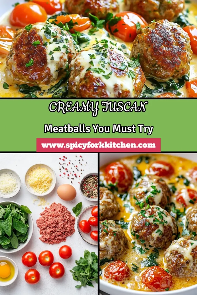 Discover the amazing flavors of Creamy Tuscan meatballs, a standout dish in Italian meatball recipes that brings comfort to your dinner table. This easy dinner recipe features ground beef meatballs simmered in a luscious creamy meatball sauce with cherry tomatoes and fresh spinach. Perfect for family meals, this dish is a must-try! Save this recipe and enjoy a taste of Italy tonight. #CreamyTuscanMeatballs #EasyDinnerRecipes #ItalianMeatballRecipes #GroundBeefMeatballs