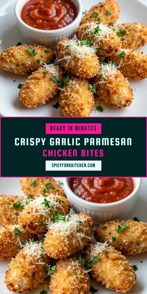 Indulge in these irresistible Garlic Parmesan Chicken Bites, a perfect easy garlic chicken appetizer that's sure to impress! This baked chicken bites recipe yields crispy parmesan chicken coated in panko for an extra crunch. Ideal for parties or a delicious snack, these panko chicken bites are simple to make and packed with flavor. Don't miss out—try this recipe today and elevate your appetizer game! #GarlicParmesanChickenBites #EasyAppetizer #CrispyChicken #BakedChickenBites