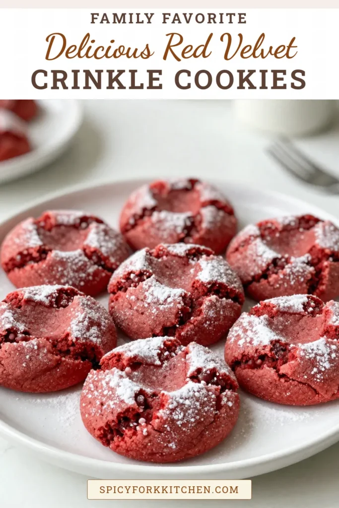 Indulge in these delightful Red Velvet Crinkle Cookies that are both easy to make and irresistibly soft and chewy! Discover how to make red velvet cookies with this simple red velvet cookie recipe that features rich flavors and a stunning appearance. Perfect for any occasion, these cookies are sure to impress. Try them today and savor the taste! Save this recipe for later! #RedVelvetCrinkleCookies #Cookies #BakingRecipes #DessertIdeas