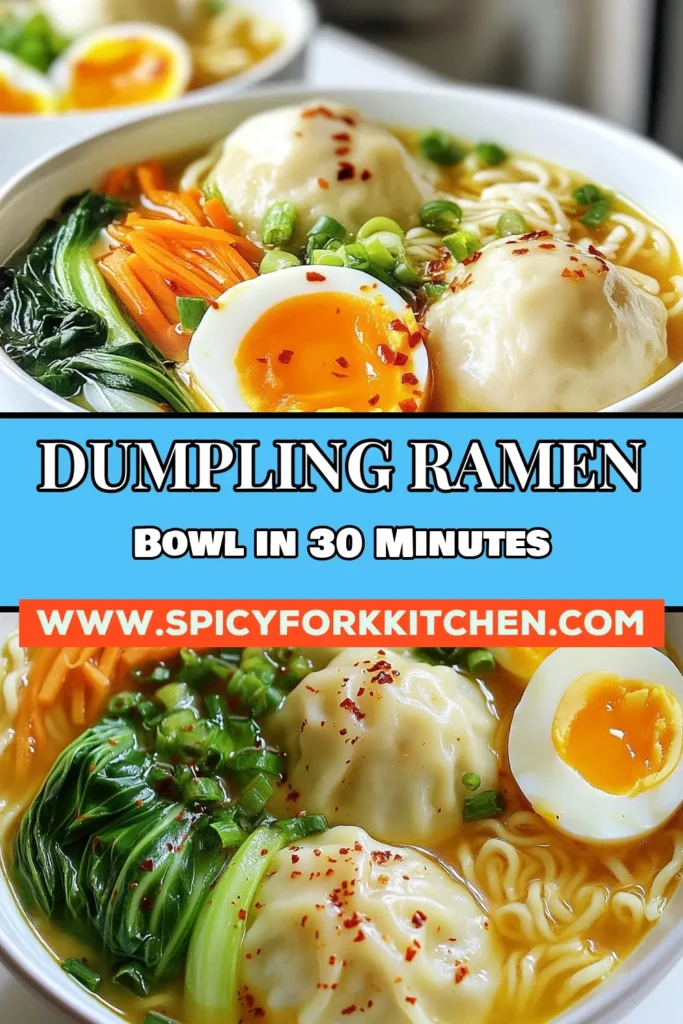 Dive into this delicious savory dumpling ramen bowl! This easy ramen recipe combines hearty chicken broth ramen with flavorful homemade dumplings and fresh bok choy for a comforting dish that's ready in just 30 minutes. Perfect for a weeknight dinner, this savory dumpling ramen will surely impress. Save this recipe now and enjoy a warm bowl of goodness tonight! #SavoryDumplingRamen #EasyRamenRecipe #ChickenBrothRamenBowl #HomemadeDumplingRamen