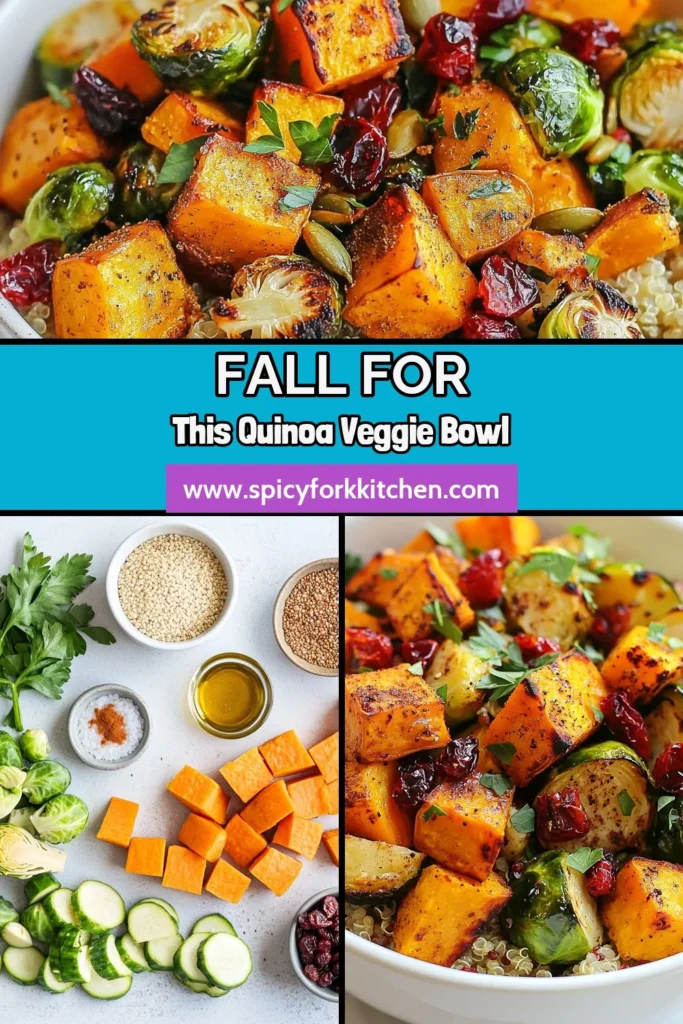 Dive into the cozy flavors of fall with these Autumn Glow Roasted Veggie Quinoa Bowls. This roasted veggie bowl recipe combines sweet potatoes, Brussels sprouts, and quinoa for a healthy fall recipe that's delicious and nutritious. Topped with dried cranberries and pumpkin seeds, this quinoa and vegetable bowl is perfect for any autumn meal. Save this recipe for a warm, comforting dinner! #AutumnQuinoaBowls #HealthyFallRecipes #QuinoaAndVegetableBowl #RoastedVeggieBowlRecipe
