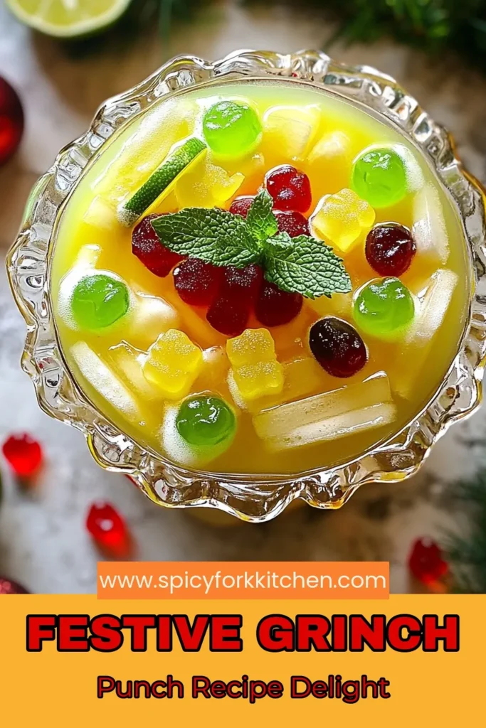 Looking for a festive party drink that will wow your guests? Try this Grinch Punch, a delightful Christmas punch recipe that combines lime sherbet, lemon-lime soda, and fruity juices for a refreshing holiday treat. Perfect for gatherings, this holiday drink idea takes just 10 minutes to prepare! Don't forget to add gummy candies for a fun twist. Save this recipe for your next celebration! #GrinchPunch #HolidayDrinkIdeas #FestivePartyDrinks #ChristmasPunchRecipe