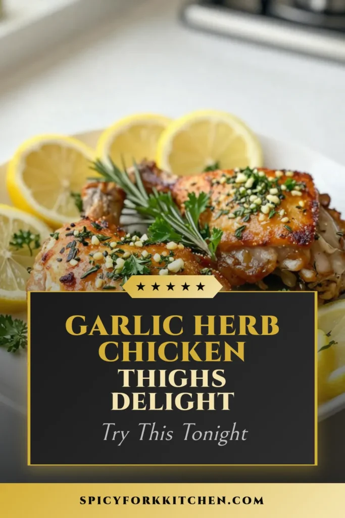 Discover the deliciousness of Garlic Herb Roasted Chicken Thighs with this easy recipe! Juicy bone-in chicken thighs are infused with garlic and fresh herbs for an irresistible flavor. Enjoy crispy skin and tender meat in just 55 minutes. Perfect for family dinners, this crispy chicken thigh recipe is a must-try. Don’t miss out – save this oven roasted chicken with herbs recipe for your next meal! #ChickenThighs #RoastedChicken #DinnerIdeas #CookingAtHome
