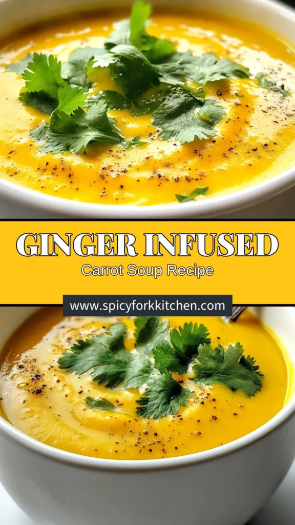 Discover the comforting flavors of Ginger Turmeric Carrot Soup, a delicious and nutritious healthy carrot soup recipe that's perfect for any season! This vegan ginger soup is creamy and rich, thanks to the addition of coconut milk. With its vibrant color and health benefits, this turmeric soup recipe will warm your soul. Try it today and enjoy a wholesome meal that’s easy to make! Save this coconut milk soup recipe for later! #GingerTurmericSoup #HealthyRecipes #VeganSoup #CarrotSoup