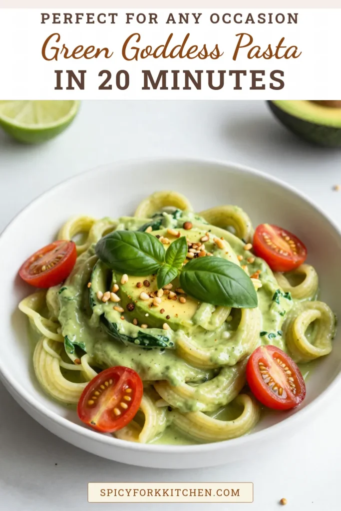 Discover a deliciously creamy dish with our Avocado Lime Green Goddess Pasta that's perfect for any meal! This vegan avocado pasta combines fresh basil and spinach to create a healthy pasta recipe everyone will love. Simple to make and bursting with flavor, it’s a must-try for your next dinner. Save this recipe for an irresistible avocado lime pasta experience! #AvocadoLimePasta #GreenGoddessPasta #VeganAvocadoPasta #HealthyPastaRecipe