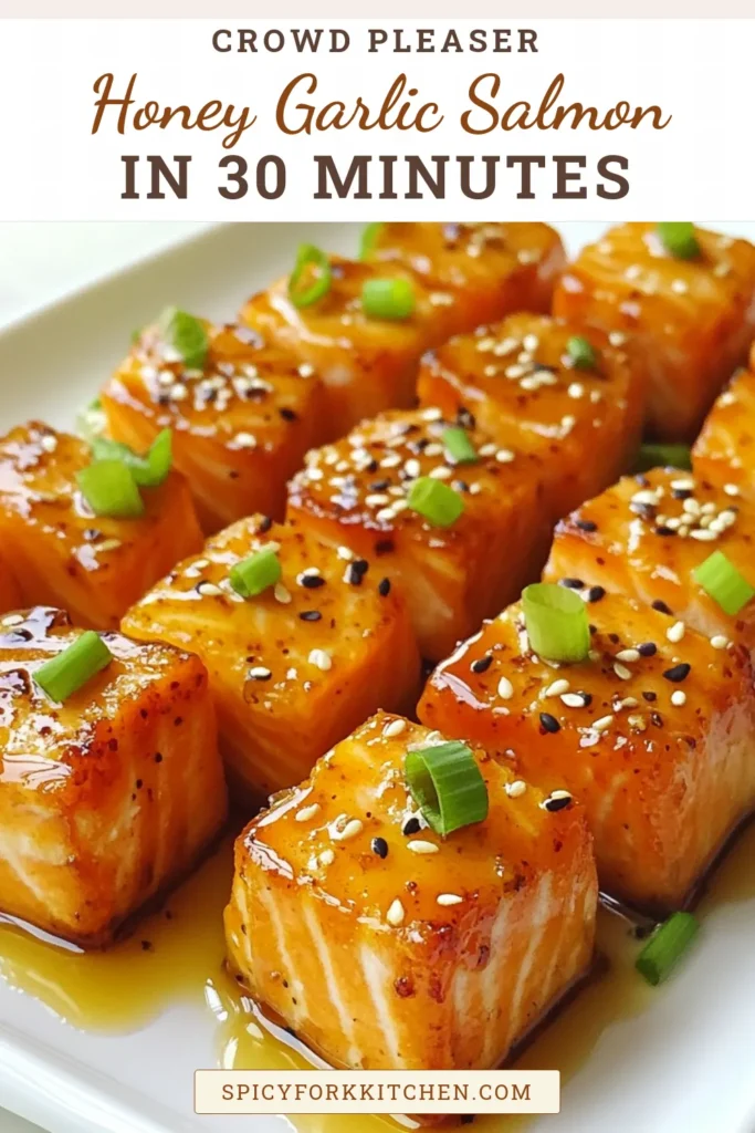 Discover the deliciousness of honey garlic salmon with these irresistible salmon bites! This easy salmon appetizer combines sweet honey and savory soy for a quick seafood recipe perfect for any gathering. With just 30 minutes to prepare, this honey garlic salmon recipe is sure to impress your guests. Serve it up on a platter for a stunning presentation. Try it today and elevate your appetizer game! #SalmonBites #EasyAppetizers #SeafoodRecipes #HoneyGarlicSalmon