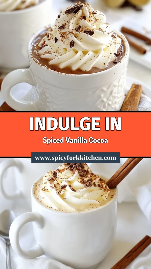 Warm up with this decadent hot cocoa recipe featuring spiced vanilla hot cocoa that's perfect for chilly days! This homemade hot chocolate combines creamy cocoa drink elements with a hint of cinnamon and nutmeg. Ideal for winter beverage recipes, it's quick and easy to make in just 10 minutes. Indulge in the rich flavors and top with whipped cream for a delightful treat. Save this recipe for your next cozy night! #HotCocoa #WinterDrinks #ComfortFood #HomemadeRecipes