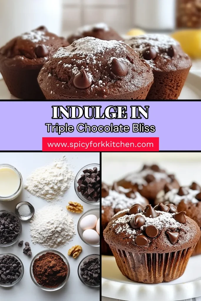 Indulge in the ultimate treat with these Triple Chocolate Muffins! This easy chocolate muffin recipe combines rich cocoa and loads of chocolate chips for a decadent delight. Perfect for a cozy breakfast or a sweet snack, these homemade chocolate muffins are sure to impress. Ready in just 35 minutes, you won’t want to miss out! Save this recipe for your next baking adventure! #TripleChocolateMuffins #ChocolateChipMuffinRecipe #EasyChocolateMuffins #DecadentChocolateTreats