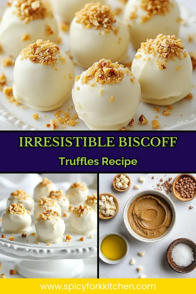 Indulge in these delightful Biscoff truffles with this easy Biscoff truffles recipe! These no-bake truffles are made with creamy cookie butter, crushed Biscoff cookies, and rich white chocolate, making them a perfect treat for any occasion. Perfect for satisfying your sweet tooth, these cookie butter truffles are simple to make and are sure to impress. Try this easy dessert recipe today and enjoy a sweet explosion! Save this recipe! #BiscoffTruffles #NoBakeTreats #DessertRecipes #WhiteChocolateTruffles