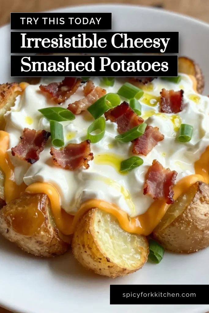 Discover the ultimate comfort food with these loaded smashed potatoes! This creamy potato recipe features cheesy smashed potatoes topped with sharp cheddar, sour cream, and crispy bacon bits for a mouthwatering treat. Perfect as an easy potato side dish or a tasty appetizer, these bacon cheddar potatoes are sure to impress. Try this recipe today and elevate your dinner game! Save this for later and enjoy the flavors! #LoadedSmashedPotatoes #CheesySmashedPotatoes #EasyPotatoSideDish #CreamyPotatoRecipe