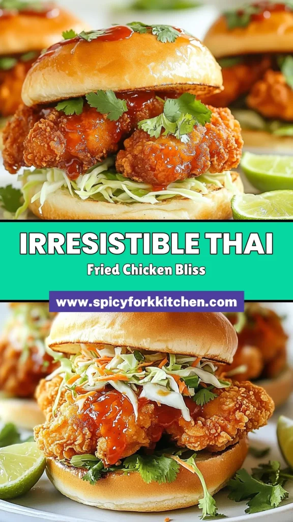 Indulge in the delightful flavors of a Thai Fried Chicken Sandwich! This Thai Chicken Sandwich Recipe features crispy fried chicken thighs marinated in buttermilk and red curry paste, topped with fresh cabbage and a drizzle of sweet chili sauce. Perfect for a quick meal or party treat, this Asian Chicken Sandwich is sure to impress. Try this recipe today and elevate your sandwich game! Save and share! #ThaiFriedChickenSandwich #FriedChickenThighs #SweetChiliSauceSandwich #AsianChickenSandwich