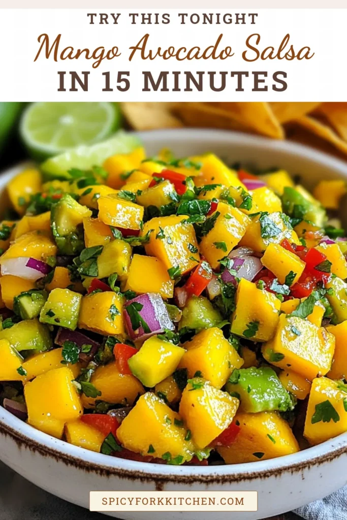 Elevate your summer gatherings with this delicious mango avocado salsa! This fresh mango salsa recipe combines ripe mango, creamy avocado, and zesty cilantro lime salsa, creating a vibrant and healthy avocado salsa perfect for dipping or topping. With this easy fruit salsa recipe, you’ll impress your guests in just 30 minutes. Save this recipe and enjoy a burst of flavor today! #MangoAvocadoSalsa #HealthyAvocadoSalsa #FreshMangoSalsa #EasyFruitSalsaRecipe