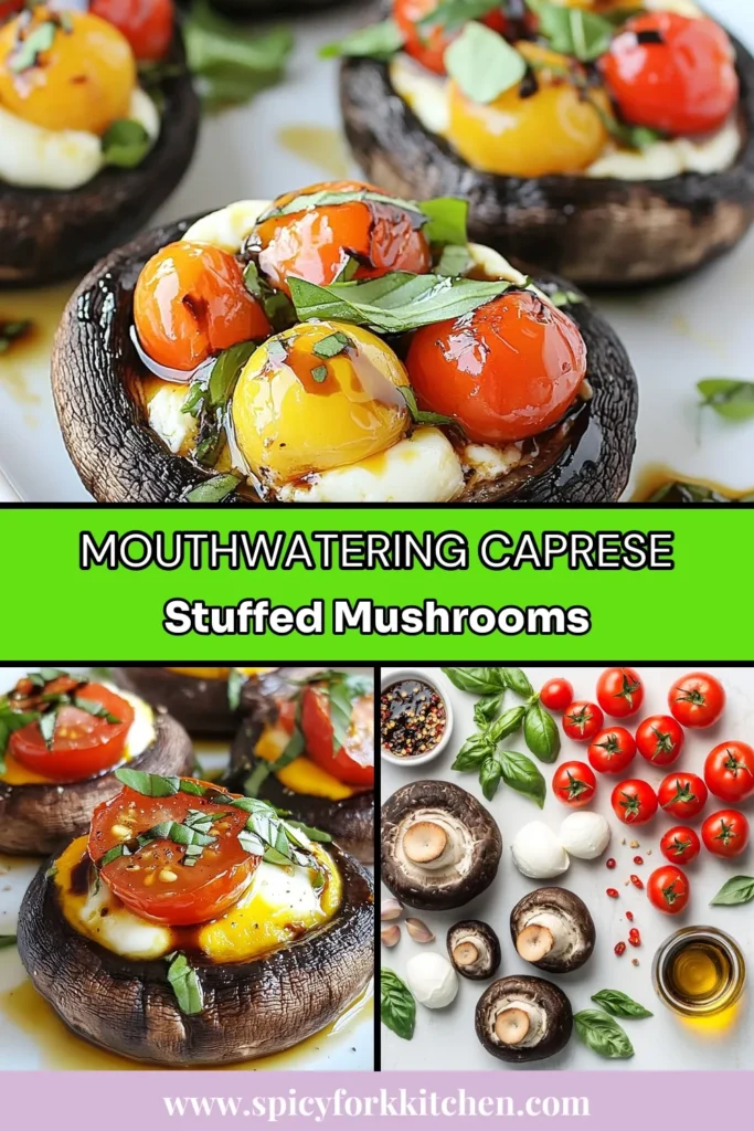 Discover the deliciousness of Caprese stuffed mushrooms with this easy portobello mushroom recipe! These mozzarella stuffed mushrooms combine ripe cherry tomatoes, fresh basil, and creamy mozzarella for a delightful Italian appetizer recipe. Baked to perfection, these baked portobello mushrooms are perfect for gatherings or a cozy night in. Try this flavorful dish today and impress your guests! Save this recipe! #CapreseStuffedMushrooms #PortobelloMushroomRecipe #ItalianAppetizer #BakedPortobelloMushrooms