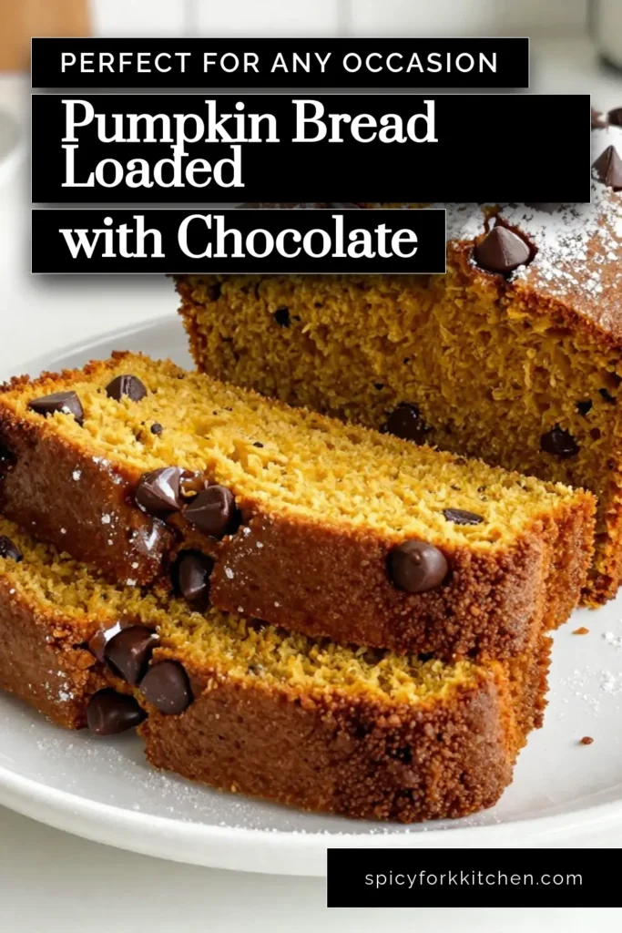 Indulge in the warmth of fall with this delightful chocolate chip pumpkin bread! This easy pumpkin bread recipe guarantees moist pumpkin bread loaded with chocolate chips for a perfect treat. Perfect for your fall baking recipes, enjoy a slice fresh from the oven or share with friends. Save this delicious chocolate chip pumpkin bread recipe for your next baking session. Your taste buds will thank you! #PumpkinBread #FallBaking #PumpkinSpice #EasyRecipes