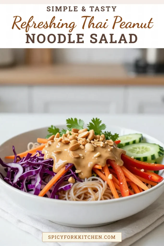 Looking for a fresh and delicious Thai peanut noodle salad? This healthy Thai salad is packed with vibrant veggies and rice noodles, making it a perfect vegetarian noodle salad. Drizzled with a homemade peanut sauce recipe that’s creamy and savory, it's an easy rice noodle salad recipe to whip up in just 30 minutes. Save this Thai peanut noodle salad for your next meal! #ThaiPeanutNoodleSalad #VegetarianNoodleSalad #PeanutSauceRecipe #HealthyThaiSalad