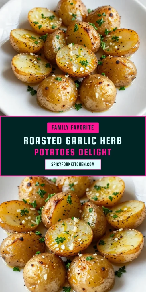Discover the ultimate Garlic Herb Roasted Potatoes recipe that’s easy and delicious! This simple herb potatoes recipe uses baby potatoes with garlic, olive oil, and aromatic herbs for the perfect oven roasted potatoes. Ready in just 45 minutes, this easy roasted potato recipe is a must-try for any meal. Click to save this tasty dish for your next gathering! #GarlicHerbRoastedPotatoes #EasyRoastedPotatoRecipe #OvenRoastedPotatoes #SimpleHerbPotatoesRecipe