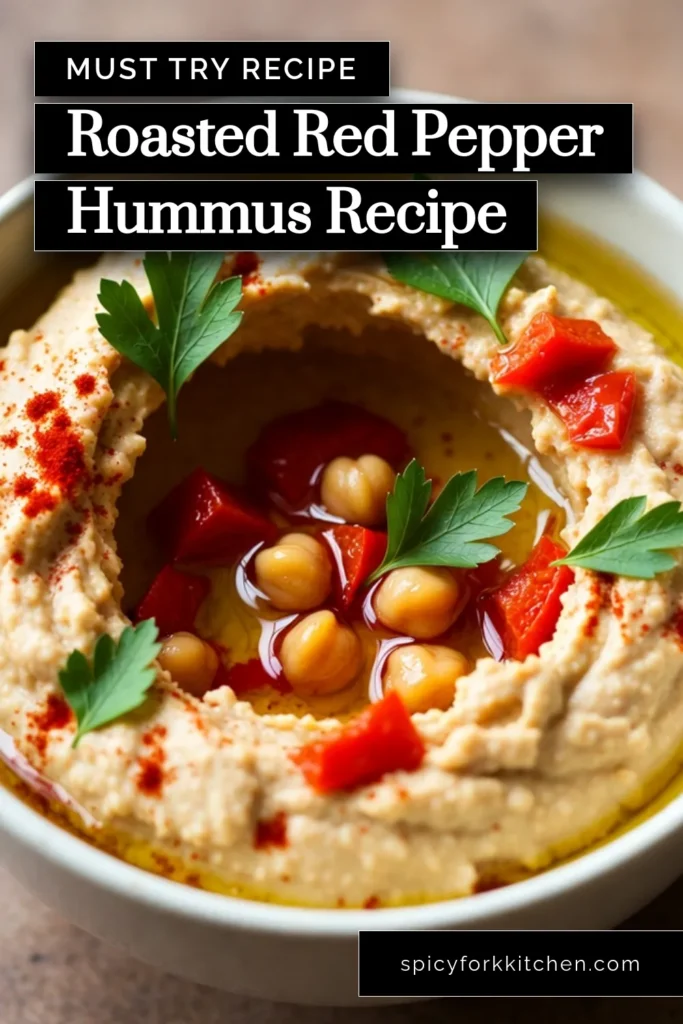 Discover the deliciousness of Roasted Red Pepper Hummus, an easy hummus recipe that's perfect for any occasion! This vegan dip recipe is a healthy appetizer that's bursting with Mediterranean flavors. In just 10 minutes, you can whip up this creamy delight using simple ingredients. Serve it at your next gathering or enjoy it as a snack. Try this Mediterranean hummus recipe today and wow your guests! Save this recipe for later! #HummusRecipe #VeganDip #HealthyAppetizers #MediterraneanFood