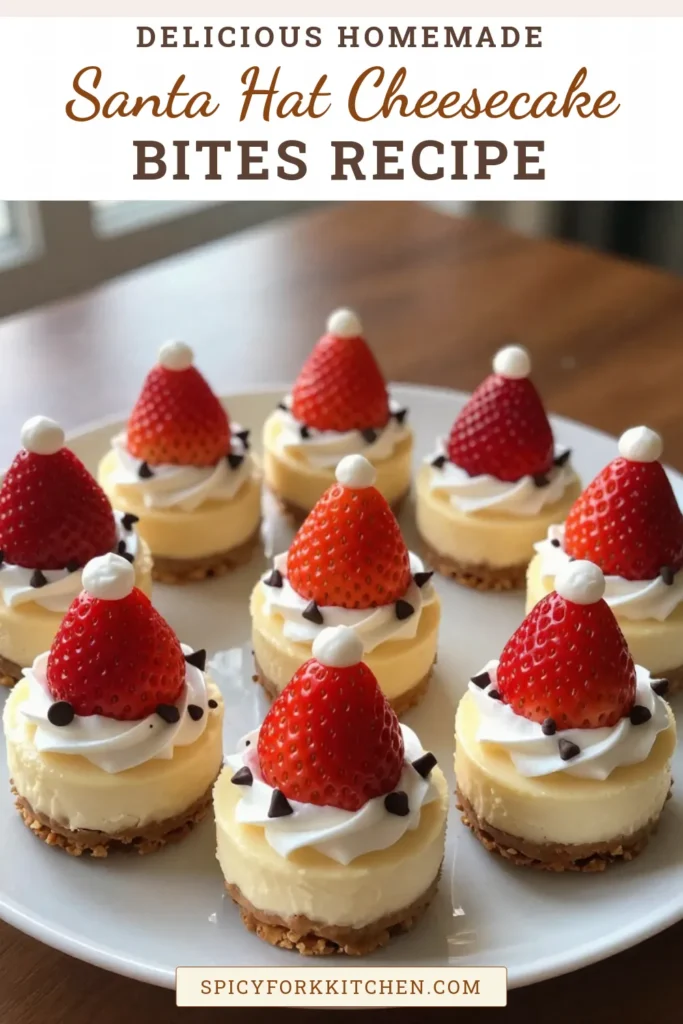 These Santa Hat Cheesecake Bites are the perfect addition to your holiday dessert recipes! These no-bake cheesecake bites are easy to make and delightfully festive, featuring creamy strawberry cheesecake bites topped with adorable strawberry hats. Treat your guests to these festive cheesecake treats that are sure to impress at any holiday gathering. Save this recipe and create holiday magic in your kitchen! #SantaHatCheesecakeBites #HolidayDessertRecipes #NoBakeCheesecakeBites #FestiveCheesecakeTreats