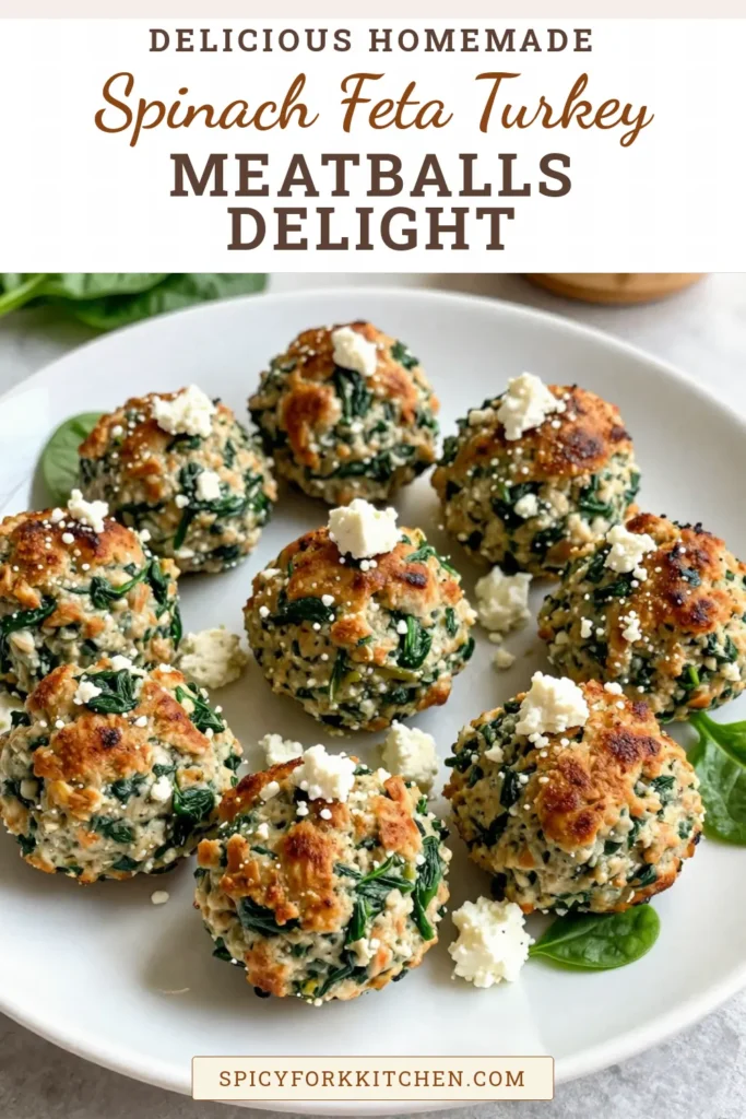 Discover a delicious and healthy turkey meatballs recipe with these Spinach Feta Turkey Meatballs! Packed with fresh spinach and crumbled feta, these turkey meatballs are not only low-carb but also bursting with flavor, making them a perfect choice for a guilt-free meal. Try this Greek-inspired turkey meatballs with spinach today for a quick, easy dinner that your family will love. Save this recipe for later! #SpinachFetaTurkeyMeatballs #HealthyTurkeyMeatballs #LowCarbMeatballs #GreekTurkeyMeatballs