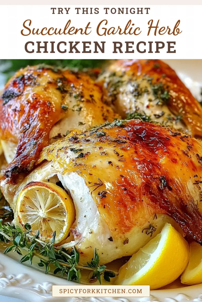 Elevate your dinner table with this mouthwatering garlic herb butter chicken! This easy roast chicken recipe, featuring a whole chicken seasoned with aromatic herbs and garlic, promises a flavorful chicken dinner the whole family will love. Perfectly roasted and bursting with flavor, you won't want to miss this delicious meal. Save this garlic herb butter roasted chicken recipe for your next gathering! #RoastedChicken #FlavorfulDinner #EasyRoastChicken #ChickenRecipe