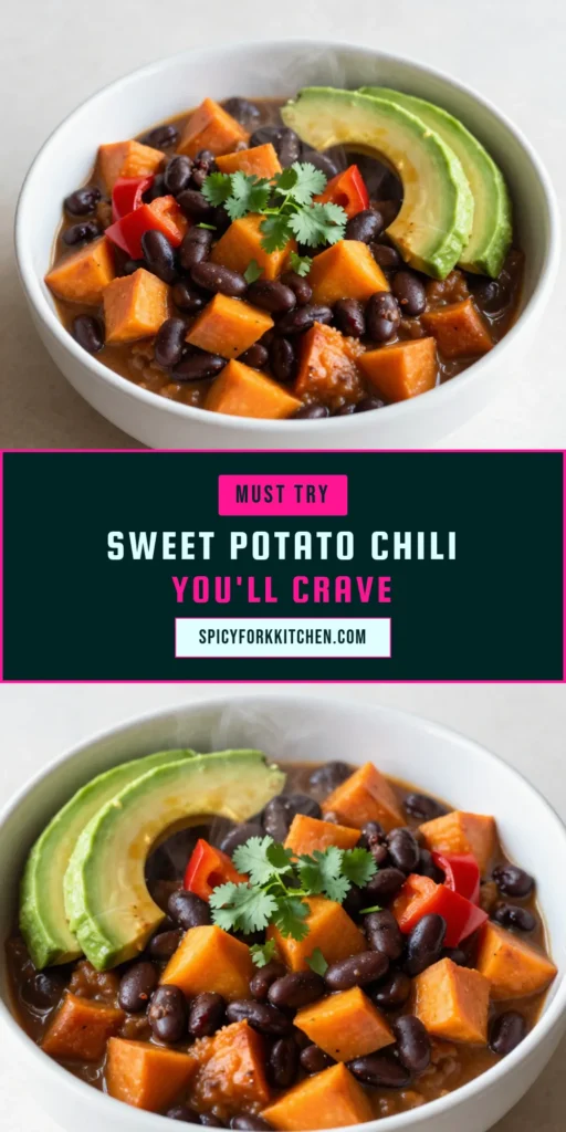 Discover the deliciousness of Sweet Potato Black Bean Chili, a must-try in your collection of vegetarian chili recipes! This healthy chili with sweet potatoes is packed with flavor and nutrients, making it perfect for any meal. Enjoy this plant-based chili recipe that's easy to make with black beans and vibrant veggies. Savor every spoonful and make it your go-to comfort food. Click to save this tasty recipe now! #SweetPotatoBlackBeanChili #VegetarianChili #HealthyChili #PlantBasedRecipes