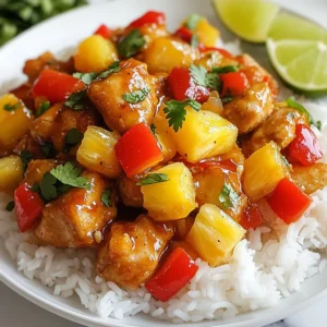 - 2 chicken breasts, cut into bite-sized pieces - 1 cup fresh pineapple, diced - 1 bell pepper (red or yellow), sliced - 1 medium onion, chopped - 2 cloves garlic, minced - 3 tablespoons soy sauce (low sodium) - 2 tablespoons honey - 1 tablespoon cornstarch - 1 cup chicken broth - 2 cups jasmine rice - 2 tablespoons vegetable oil - Fresh cilantro for garnish - Lime wedges for serving This dish brings together bright flavors. The chicken pairs well with the sweet pineapple. Fresh bell pepper adds crunch. Onion gives a nice sweetness. Garlic adds a punch of flavor. The sauce ties everything together with a savory taste. The jasmine rice serves as a perfect base. It soaks up all the tasty sauce. You can choose low-sodium soy sauce for a healthier option. Honey adds a touch of sweetness. It balances the savory notes in the dish. Cornstarch helps thicken the sauce. This gives it a glossy finish. Chicken broth adds rich flavor to the sauce. Using fresh cilantro as garnish adds a pop of color. Lime wedges bring brightness to each bite. This dish looks beautiful on your table. Each ingredient plays a role in making pineapple chicken a delight. Enjoy cooking and savoring every bite! {{ingredient_image_1}} To make the chicken flavorful, I mix soy sauce, honey, minced garlic, grated ginger, salt, and pepper in a bowl. This marinade brings out the best in the chicken. I add the chicken pieces and toss them well. Letting the chicken sit in this mix for at least 30 minutes makes a big difference. Next, I rinse jasmine rice under cold water. Rinsing until the water runs clear helps remove extra starch. Then, I put the rice in a pot with 3 cups of water. I bring it to a boil, cover it, and reduce the heat to low. I let it simmer for about 18 to 20 minutes. Afterward, I keep it covered for 5 minutes to finish cooking. I heat vegetable oil in a large skillet over medium-high heat. Once the oil is hot, I add the marinated chicken pieces. I cook them until they turn golden brown and are fully cooked, which takes about 5 to 7 minutes. After that, I remove the chicken from the skillet and set it aside. In the same skillet, I add chopped onion and sliced bell pepper. I saut&eacute; them until they become soft, which takes about 3 to 4 minutes. Next, I toss in the pineapple chunks and stir-fry for another 2 to 3 minutes. This adds a sweet twist to the dish. Now it&rsquo;s time to make the sauce. In a small bowl, I mix cornstarch with chicken broth until it dissolves. I pour this mixture over the saut&eacute;ed vegetables and pineapple. I stir constantly until the sauce thickens, which takes about 2 to 3 minutes. Finally, I return the cooked chicken to the skillet. I stir everything together to coat the chicken in the sauce. I cook for just one more minute to ensure that everything is heated through. Now, the dish is ready to serve! - Use fresh ingredients: Fresh chicken and ripe pineapple make a big difference. They add bright taste and texture. - Adjust sweetness with honey: If your dish needs more sweetness, add a bit of honey. It balances the savory flavors well. - Best practices for marinating: Marinate your chicken for at least 30 minutes. This helps infuse flavor deeply. For best results, marinate overnight in the fridge. - Stir-frying tips for even cooking: Cook the chicken in batches if your skillet is small. This avoids steaming and helps each piece brown nicely. - Garnish with cilantro: Fresh cilantro adds color and flavor. Sprinkle it on just before serving for a nice touch. - Serve with lime wedges for brightness: Lime wedges bring a fresh zing. Squeeze them over your dish right before eating for extra flavor. Pro Tips Marination Matters: Allow the chicken to marinate for at least 30 minutes to enhance the flavors. For even better results, marinate it overnight in the fridge. Perfect Rice: Rinse jasmine rice thoroughly to remove excess starch, which helps achieve fluffy rice without clumping. Vegetable Crunch: Don't overcook the vegetables; they should remain vibrant and slightly crisp for the best texture and flavor contrast. Garnish Wisely: Fresh cilantro and lime wedges not only add color but also a burst of freshness that elevates the dish's tropical vibe. {{image_2}} You can switch out the chicken for shrimp or tofu. Shrimp cooks fast and adds a nice taste. Tofu is great for a meat-free meal and soaks up flavors well. To use shrimp, cook it just until pink, about 3-5 minutes. For tofu, use firm tofu and cut it into cubes. Saut&eacute; until golden brown for the best texture. Feel free to get creative with your veggies. Broccoli, snap peas, or carrots work well in this dish. You can also try zucchini or bok choy for a different twist. Just make sure to cut them into small pieces for even cooking. Saut&eacute; them until they are tender but still crisp for a nice bite. You can change the flavor to fit your taste. If you want it sweeter, add more honey. For a spicy kick, toss in some red pepper flakes or a splash of hot sauce. You can even use fresh chili peppers if you like it hot! Adjust these flavors to find the perfect balance for your meal. To store leftovers safely, let the dish cool first. Place the pineapple chicken with rice in an airtight container. This keeps moisture in and prevents odors from other foods. Store it in the fridge for up to three days. Always label the container with the date. This way, you won't forget how long it has been there. When you're ready to enjoy leftovers, the best way to reheat is in a skillet. Add a splash of water or broth to keep it moist. Heat over low to medium heat. Stir often until it's warmed through. You can also use a microwave. Place it in a microwave-safe dish and cover it with a lid or wrap. Heat in short bursts, stirring in between. This helps heat evenly and avoids cold spots. To freeze your pineapple chicken with rice, wait for it to cool completely. Then, portion it into freezer-safe bags or containers. Remove as much air as possible to prevent freezer burn. It can stay frozen for up to three months. When you want to eat it, thaw it overnight in the fridge. For a quick thaw, you can use the microwave. After thawing, reheat as noted above for the best taste. Yes, you can make this dish gluten-free. Substitute regular soy sauce with gluten-free soy sauce or tamari. Use cornstarch without additives. Ensure your chicken broth is gluten-free as well. This keeps the dish tasty and safe for those avoiding gluten. You can prepare the chicken and marinade ahead of time. Marinate the chicken and store it in the fridge for up to a day. Cook the rice just before serving. You can chop the veggies in advance too. Keep them in the fridge for easy cooking later. Jasmine rice works best for this dish. It has a nice aroma and fluffy texture. You can also use basmati rice for a different flavor. Brown rice is a healthier choice but takes longer to cook. Choose your rice based on your taste and time. This dish blends chicken, fresh fruit, and vibrant veggies for a delightful meal. We covered how to marinate the chicken, cook the rice, and stir-fry the vegetables. With simple tweaks, you can adjust flavors and even change proteins. Store any leftovers correctly for later enjoyment. Always use fresh ingredients for the best taste. Enjoy your cooking and make this dish yours!