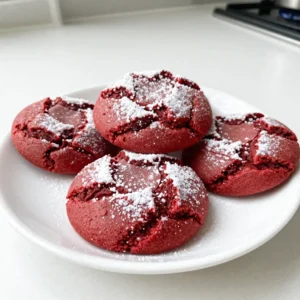 - 1 and 1/2 cups all-purpose flour - 1/2 cup unsweetened cocoa powder - 1 teaspoon baking powder - 1/2 teaspoon baking soda - 1/4 teaspoon salt - 1/2 cup unsalted butter, softened - 1 cup granulated sugar - 1 large egg - 2 teaspoons vanilla extract - 1 tablespoon red food coloring - 1/2 cup powdered sugar (for dusting) When it comes to making red velvet crinkle cookies, quality ingredients matter. Each one plays a role in the cookie's taste and texture. For example, unsweetened cocoa powder gives the cookies a rich flavor, while the red food coloring creates that iconic look. You might want to make some changes based on your needs. Here are some options: - Vegan alternatives: Use a plant-based butter and a flax egg instead of the large egg. Mix 1 tablespoon of ground flaxseed with 2.5 tablespoons of water. Let it sit until it thickens. - Gluten-free options: Replace all-purpose flour with a gluten-free flour blend. Make sure it has xantham gum for the right texture. - Flavor variations: Add chocolate chips or nuts for a fun twist! These additions can enhance the cookie flavor and add crunch. These swaps can help you enjoy this treat, no matter your dietary needs! {{ingredient_image_1}} To begin, preheat your oven to 350°F (175°C). Line a baking sheet with parchment paper. This step makes for easy cleanup and helps prevent sticking. Next, grab a bowl and whisk together the dry ingredients. You will need 1 and 1/2 cups of all-purpose flour, 1/2 cup of unsweetened cocoa powder, 1 teaspoon of baking powder, 1/2 teaspoon of baking soda, and 1/4 teaspoon of salt. Mix these well so they blend evenly. Set this bowl aside for later. Now it's time to make the dough. In a large mixing bowl, use an electric mixer to cream 1/2 cup of softened unsalted butter and 1 cup of granulated sugar together. Beat them on medium speed for about 3-4 minutes. The mixture should look light and fluffy. After that, add in 1 large egg, 2 teaspoons of vanilla extract, and 1 tablespoon of red food coloring. Mix until everything is well combined. Next, slowly add the dry ingredients from the first step to the wet mixture. Mix just until the dough comes together. Be careful not to overmix, as this can change the texture of your cookies. Chilling the dough is important for perfect cookies. Place the dough in the refrigerator for about 30 minutes. This helps it firm up, making it easier to handle. Once chilled, take the dough out and roll it into 1-inch balls. After rolling, coat each ball thoroughly in powdered sugar. This will give your cookies that classic crinkle look when baked. Place the dough balls on the lined baking sheet, leaving about 2 inches between each. Now, it’s baking time! Place the baking sheet in your preheated oven. Bake the cookies for 10-12 minutes. You want the edges to be set, but the centers should still be slightly soft. To check for doneness, gently press the center of a cookie. If it springs back, they are ready. Allow the cookies to cool on the baking sheet for about 5 minutes before moving them to a wire rack. This helps them set and makes them easier to handle. Enjoy the delightful aroma as they cool! To get those lovely crinkles, follow a few key steps. First, you need to chill the dough. This cools the fat and helps the cookies hold their shape. After chilling, roll the dough balls in powdered sugar. This sugar creates the crinkle effect as the cookies bake. The sugar melts and cracks, making the cookies look stunning. Avoid overmixing the dough. When you mix too much, the cookies can turn out tough. Mix just until the ingredients blend. Also, don’t skip the chilling step. If the dough is warm, the cookies spread too much while baking. Red velvet crinkle cookies look great on a pretty platter. Dust them with extra powdered sugar for a nice touch. Serve these cookies with milk, coffee, or tea. The flavors pair well and make for a delightful snack. Pro Tips Chill the Dough: Chilling the dough for about 30 minutes not only makes it easier to handle but also helps the cookies maintain their shape while baking. Use Quality Food Coloring: For the best vibrant color, opt for gel food coloring instead of liquid. It provides a richer hue without adding extra moisture. Don’t Overbake: Remove the cookies from the oven when the edges are set, and the centers are slightly soft. They will continue to firm up as they cool. Presentation is Key: Dust the cooled cookies with powdered sugar just before serving for an elegant finish that enhances their visual appeal. {{image_2}} To make your red velvet crinkle cookies vegan, you can use simple egg replacements. A popular choice is to use flaxseed meal. Mix one tablespoon of flaxseed with three tablespoons of water. Let it sit for five minutes until it thickens. This mix works well to bind your dough. For dairy-free alternatives, replace the butter with coconut oil or a vegan butter spread. Both options work great for keeping your cookies soft. You can also use almond milk or soy milk in place of any dairy ingredients. If you need a gluten-free version, consider using almond flour or a blend of gluten-free flour. These options give a nice texture. Another good choice is a gluten-free all-purpose flour mix, which usually includes xanthan gum. This helps your cookies hold together better. When you switch to gluten-free flour, you might need to adjust the baking time. Keep an eye on the cookies as they bake. They may need a minute or two less or more, depending on the flour you choose. To boost the flavor, you can add spices or extra extracts. A pinch of cinnamon or nutmeg adds warmth. You can also add a teaspoon of peppermint extract for a fresh twist. Experimenting with flavors keeps baking fun and exciting. Some people love classic red velvet flavors, while others enjoy modern twists. You can mix in chocolate chips for added richness or sprinkle in crushed nuts for crunch. Each variation brings its own special touch to the cookies. To keep your red velvet crinkle cookies fresh, use airtight containers. Place parchment paper between layers to avoid sticking. Zip-top bags also work well. Press out excess air before sealing. Store cookies at room temperature for best taste. You can freeze both cookie dough and baked cookies. For dough, scoop portions onto a baking sheet. Freeze until firm, then transfer to zip-top bags. For baked cookies, let them cool completely before freezing. To thaw, place cookies in the fridge overnight. For dough, bake straight from the freezer but add a couple of extra minutes to the bake time. These cookies stay fresh for about a week at room temperature. Store them in a cool, dry place. If they develop a hard or stale texture, it's time to toss them. Signs of spoilage include an off smell or mold. To make cookies soft and chewy, you need to focus on a few key factors. Here are my top tips: - Use butter: Softened unsalted butter adds moisture and flavor. - Don’t overmix: Mix until the dough comes together. Overmixing can lead to tough cookies. - Chill the dough: Chilling for about 30 minutes helps control spread and keeps them soft. - Bake just right: Remove cookies when the edges are set but the centers are still soft. They continue to cook as they cool. These steps help prevent dryness and keep your red velvet crinkle cookies delightfully soft. Yes, you can make these cookies ahead of time. Here are a few recommendations: - Chill the dough: Shape the dough into balls, coat them in powdered sugar, and chill. This makes it easy to bake fresh cookies later. - Baking: You can freeze the rolled dough balls. Just thaw them for a few minutes before baking. - Baked cookies: Store baked cookies in an airtight container at room temperature for up to a week. These tips let you enjoy fresh cookies on your schedule! Red velvet desserts have a rich history. They first appeared in the early 20th century. The cake became famous for its striking red color and subtle cocoa flavor. The term "velvet" refers to the cake's texture, which is soft and smooth. During the 1920s, red velvet cake gained popularity due to its unique taste and appearance. Many people associate red velvet desserts with special occasions, especially around holidays. Today, red velvet flavors show up in many treats, like cookies, cupcakes, and brownies. Its vibrant color and rich flavor make it a favorite for dessert lovers everywhere. In this post, we explored how to make delicious red velvet crinkle cookies. We covered ingredients, substitutions, and step-by-step instructions. I shared tips to achieve the perfect texture and common mistakes to avoid. Red velvet crinkle cookies are a great treat for any occasion. With easy variations and storage tips, you can enjoy these cookies fresh or save them for later. Get creative with flavors and impress your friends!