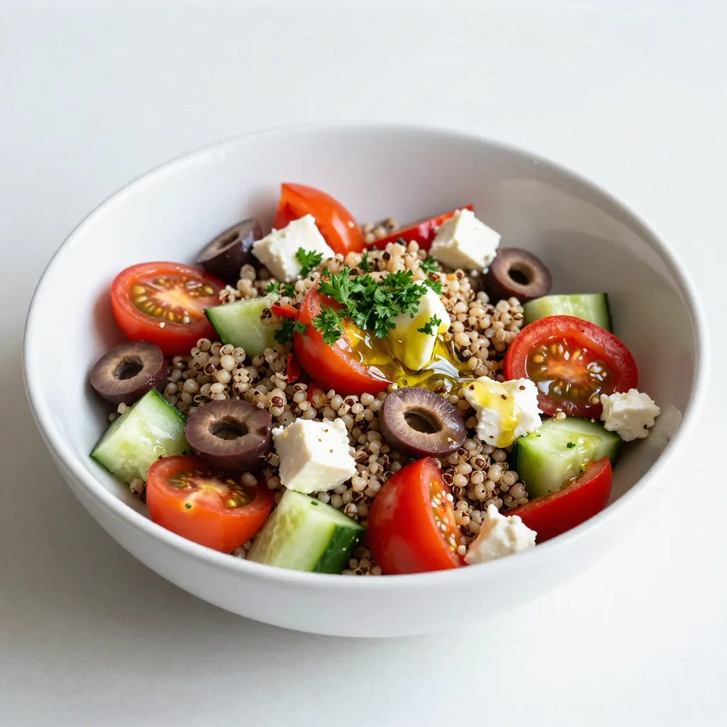 - Quinoa and Broth - 1 cup quinoa, rinsed - 2 cups vegetable broth - Fresh Vegetables - 1 cup cherry tomatoes, halved - 1 cucumber, diced - 1 red bell pepper, diced - 1/2 red onion, finely chopped - 1/2 cup Kalamata olives, pitted and sliced - Herbs and Cheese - 1/4 cup feta cheese, crumbled - 1/4 cup fresh parsley, chopped - Dressing Components - 1/4 cup olive oil - 2 tablespoons lemon juice - 1 teaspoon dried oregano - Salt and pepper to taste When I make this Mediterranean quinoa salad, I start with the quinoa. Rinsing it helps remove any bitterness. Using vegetable broth makes it more flavorful. I love the mix of colorful fresh vegetables. Cherry tomatoes add sweetness, while the cucumber brings crunch. The red bell pepper adds a nice touch of color and flavor. On top of that, I add finely chopped red onion and sliced Kalamata olives for a salty punch. Feta cheese gives a creamy texture and tang. Fresh parsley not only looks good, but it also adds a burst of freshness. For the dressing, I whisk olive oil, lemon juice, and dried oregano together. A pinch of salt and pepper brings it all to life. This salad is a great way to enjoy fresh ingredients. It’s bright, healthy, and perfect for any meal. {{ingredient_image_1}} Combining Quinoa and Broth Start by rinsing 1 cup of quinoa under cold water. This removes bitterness. Then, add the rinsed quinoa to a medium saucepan with 2 cups of vegetable broth. Simmering and Fluffing Bring the quinoa and broth to a boil over medium-high heat. Once boiling, lower the heat to low, cover, and let it simmer for about 15 minutes. The liquid will absorb. After 15 minutes, remove it from heat. Let it sit covered for 5 minutes, then fluff it with a fork. Chopping and Mixing Ingredients While the quinoa cooks, grab a large mixing bowl. Chop 1 cup of cherry tomatoes in half. Dice 1 cucumber and 1 red bell pepper. Finely chop 1/2 of a red onion. Slice 1/2 cup of Kalamata olives and crumble 1/4 cup of feta cheese. Add all these ingredients to the bowl and mix well. Whisking Ingredients Together In a small bowl, combine 1/4 cup of olive oil, 2 tablespoons of lemon juice, 1 teaspoon of dried oregano, salt, and pepper. Whisk these ingredients together until they blend nicely. This dressing adds a burst of flavor. Tossing Vegetables, Quinoa, and Dressing Once the quinoa is fluffy and cool, add it to the bowl of mixed vegetables. Pour the dressing over the top. Gently toss everything together until well combined. This ensures every bite is full of flavor. Adding Parsley and Adjusting Seasoning Fold in 1/4 cup of chopped fresh parsley. This adds freshness. Taste the salad, then adjust the seasoning if needed. You can add more salt, pepper, or lemon juice based on your preference. Refrigeration Time for Flavor Cover the salad and place it in the fridge for at least 30 minutes. This chilling time allows the flavors to meld. You will enjoy a more delicious salad when you serve it. To make great quinoa, start by rinsing it. Use a fine mesh strainer to wash away the bitter saponins. Rinsing only takes a minute but is important for taste. After rinsing, combine the quinoa with vegetable broth in a saucepan. This adds extra flavor. Bring it to a boil, then reduce the heat, cover it, and let it simmer. Cook for about 15 minutes or until the liquid is gone. After cooking, let it sit for five minutes. Fluff it with a fork to make it light and airy. You can enhance your salad's flavor with extra herbs or spices. Fresh basil or dill can add a nice touch. If you like heat, add a pinch of red pepper flakes. You can mix in a teaspoon of garlic powder for more depth. These small changes can make your salad even more exciting. For a beautiful presentation, serve your quinoa salad in a large bowl. Garnish it with extra parsley and a few whole olives on top. This makes the dish colorful and inviting. You can also serve it with slices of pita bread on the side. This adds a nice touch and makes it a complete meal. Pro Tips Tip Title: Rinse the Quinoa: Rinsing quinoa before cooking removes its natural coating, called saponin, which can impart a bitter flavor. Always rinse thoroughly under cold water for the best taste. Tip Title: Let Flavors Marinate: Allowing the salad to chill in the refrigerator for at least 30 minutes helps the flavors meld beautifully, enhancing the overall taste. Tip Title: Use Fresh Ingredients: For the best flavor and texture, opt for fresh vegetables and herbs. They not only taste better but also make the salad more visually appealing. Tip Title: Customize Your Salad: Feel free to add other ingredients like chickpeas or artichokes for added protein and flavor, or swap out the feta for a dairy-free alternative to suit dietary preferences. {{image_2}} You can change some ingredients in this Mediterranean quinoa salad. If you don’t have quinoa, try using farro, barley, or even bulgur. These grains offer a nice texture and absorb flavors well. For veggies, swap cherry tomatoes for sun-dried tomatoes or add roasted bell peppers. You can also use zucchini or radishes for a fresh crunch. If you follow a vegan diet, you can skip the feta cheese. Instead, use avocado for creaminess. For those needing gluten-free options, the quinoa is naturally gluten-free. Just ensure other grains or dressings you use are also gluten-free. This makes the salad great for various diets. Using seasonal ingredients makes this salad even better. In summer, add fresh corn or diced peaches. In fall, consider adding roasted butternut squash or apples for sweetness. Seasonal changes keep the salad fresh and exciting. You can even change the herbs based on what’s available. Try using basil or mint when they are in season for a different twist. To keep your Mediterranean quinoa salad fresh, refrigerate it right away. Use an airtight container to store the leftovers. This will help keep the flavors bright and the texture nice. If you follow this method, the salad will stay fresh for up to five days in the fridge. Want to save some salad for later? You can freeze the quinoa salad. First, pack it in a freezer-safe container. Make sure it is airtight to avoid freezer burn. When you want to eat it, thaw the salad in the fridge overnight. You can also add fresh herbs or a splash of olive oil after thawing to bring back flavor. How long does this salad last? If you store it in the fridge, it can last about five days. If frozen, it can stay good for up to three months. After that, the taste may fade. Always check for off smells or changes in texture before eating. Enjoy your flavorful salad while it’s still fresh! Quinoa is a tiny, grain-like seed. It cooks like a grain but is a complete protein. This means it has all nine essential amino acids. Quinoa is gluten-free, making it a great choice for many diets. It is high in fiber, vitamins, and minerals. Cooking quinoa is easy. Just rinse it first to remove any bitterness. Then, cook it in vegetable broth for extra flavor. Use two cups of broth for one cup of quinoa. After about 15 minutes, it will be fluffy and ready to use. You can serve Mediterranean quinoa salad in many ways. It shines as a main dish or a side. Pair it with grilled chicken or fish for a hearty meal. You can also enjoy it with pita bread for a light lunch. Garnish it with extra parsley or whole olives for a beautiful look. This salad is fresh and colorful, making it fun to eat. You can also serve it in individual bowls for a nice presentation. Yes, you can make this salad ahead of time. It tastes even better after chilling. If you have a busy week, prepare it in advance. Just store the salad in the fridge for up to three days. To keep it fresh, add the dressing just before serving. This way, the veggies stay crunchy and bright. Meal prep is easy with this recipe. You can pack it for lunch or serve it at gatherings. If you want a dairy-free option, try using avocado instead of feta. It adds a creamy texture and fresh taste. You can also use nutritional yeast for a cheesy flavor without dairy. If you prefer a different cheese, try goat cheese or a vegan cheese option. Each choice gives a unique twist to the salad. Feel free to experiment and find your favorite! This blog post guides you through making a tasty Mediterranean quinoa salad. You learned the best ingredients, cooking steps, and ways to add flavor. Remember to chill the salad for the best taste. Use fresh veggies and herbs to make it shine. With simple tips, you can adapt this salad for any diet or season. Store leftovers properly for later enjoyment. Enjoy your delicious creation and share it with friends!