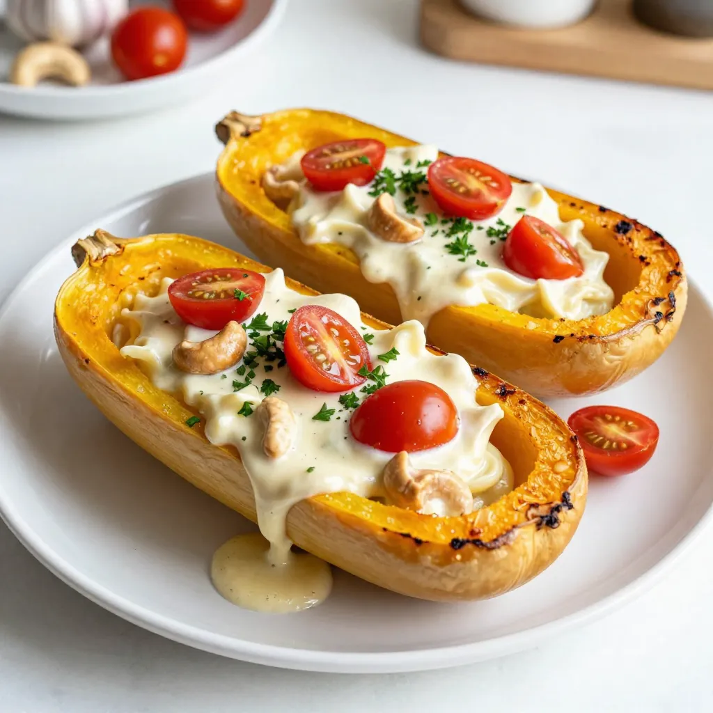 - Spaghetti squash - Olive oil - Garlic - Cashews - Vegetable broth - Nutritional yeast - Lemon juice - Salt and pepper - Fresh parsley - Cherry tomatoes To create a delicious Spaghetti Squash Alfredo, you need fresh ingredients that pack flavor. Start with a medium spaghetti squash. This veggie serves as a low-carb base, mimicking pasta. Olive oil adds richness, while minced garlic gives a warm, savory kick. Next, cashews bring creaminess to the Alfredo sauce. Soak them in water for at least three hours. This softens them, making them easier to blend. Vegetable broth adds depth, and nutritional yeast provides that cheesy flavor without dairy. A splash of lemon juice brightens the dish, and salt and pepper enhance all the flavors. Don’t forget the garnishes! Fresh parsley adds color and taste, while halved cherry tomatoes provide a sweet burst. Each ingredient plays a key role in making this dish both comforting and delightful. {{ingredient_image_1}} First, preheat your oven to 400°F (200°C). This temperature helps the squash cook evenly. Grab your medium spaghetti squash. Cut it in half lengthwise. Be careful! Scoop out the seeds with a spoon. Drizzle one tablespoon of olive oil on the cut sides. Sprinkle salt and pepper to taste. This adds great flavor. Place the squash cut-side down on a baking sheet lined with parchment paper. Roast the squash in the oven for about 40-50 minutes. Check for tenderness. You want to be able to shred the flesh easily with a fork. When it’s done, the skin will look lightly browned. Let it cool for a few minutes before handling. While the squash roasts, start on the Alfredo sauce. In a blender, combine one cup of soaked cashews, three cloves of minced garlic, one cup of vegetable broth, one-fourth cup of nutritional yeast, and one tablespoon of lemon juice. Blend everything on high until it’s smooth and creamy. If the sauce is too thick, add a bit more broth. Season with salt and pepper to taste. This sauce will bring a rich, creamy flavor to your dish. Once the squash has cooled, use a fork to shred the flesh into spaghetti-like strands. It’s fun to watch the transformation! In a large bowl, gently toss the strands with the Alfredo sauce. Mix until the squash is coated evenly. This is where the magic happens! Serve it right away for the best taste. Roasting spaghetti squash gives it a lovely texture. Here’s how to do it right: - Roasting Techniques: Cut the squash in half and scoop out the seeds. Drizzle olive oil on the cut sides. Season with salt and pepper. Place cut-side down on a baking sheet. Roast at 400°F for 40-50 minutes. The squash is done when the flesh is tender and shreds easily with a fork. - Alternative Cooking Methods: You can microwave the squash for a quick option. Cut it in half and place it in a microwave-safe dish. Add a little water and cover it. Cook on high for about 10-12 minutes. An Instant Pot is another great choice. Place the squash on a trivet with one cup of water. Cook on high pressure for 7-10 minutes. You can make your Alfredo sauce even better with these tips: - Ingredient Adjustments: Try adding herbs like basil or thyme for extra flavor. You can also swap out cashews for sunflowers seeds if you need a nut-free option. Add a pinch of nutmeg for warmth. - Suggestions for Additional Toppings: Fresh veggies like spinach or broccoli work well. You can also add grilled chicken or shrimp for protein. A sprinkle of red pepper flakes gives a nice kick. Presentation matters! Here are some ideas: - Plating Ideas: Use a large bowl for serving. Twirl the spaghetti squash strands with tongs for a fancy look. Add a sprinkle of fresh parsley and halved cherry tomatoes on top for color. - Pairing Recommendations: Serve with a light side salad or garlic bread. A crisp white wine like Pinot Grigio pairs well with this dish. Enjoy this meal with friends or family for a cozy night in. Pro Tips Choose the Right Squash: Select a spaghetti squash that feels heavy for its size and has a smooth, firm skin for the best texture and flavor. Soak Cashews: Soaking cashews for at least 3 hours helps to achieve a smoother, creamier Alfredo sauce. For a quick soak, you can use hot water for 30 minutes. Flavor Variations: Feel free to add herbs like thyme or basil to the Alfredo sauce for extra flavor. You can also incorporate sautéed mushrooms or spinach for added nutrition. Leftover Storage: Store any leftovers in an airtight container in the fridge for up to 3 days. Reheat gently on the stove, adding a splash of vegetable broth to loosen the sauce. {{image_2}} If you want a gluten-free meal, spaghetti squash is the perfect base. It makes a great substitute for regular pasta. You can also try zucchini noodles or rice noodles. Just remember to check the labels for gluten-free options. This dish is naturally gluten-free, making it easy for anyone to enjoy. For a vegan sauce, cashews work wonderfully. If you need a nut-free option, try blended silken tofu. This gives a nice creamy texture too. You can also add avocado for richness. It’s a great way to boost flavor while keeping it plant-based. To elevate the taste, add fresh herbs like basil or thyme. They bring a nice touch of freshness. You can also sprinkle in spices like paprika or black pepper for warmth. For a protein boost, toss in cooked chickpeas or sautéed mushrooms. These add nutrition and heartiness to your meal. To store your Spaghetti Squash Alfredo, let it cool first. Place it in an airtight container. Store it in the fridge for up to three days. This dish stays fresh and tasty when sealed well. If you notice any changes in color or smell, it’s best to throw it out. You can freeze both the spaghetti squash and the sauce. First, let them cool completely. Pack each in separate airtight containers. The squash can last up to three months in the freezer. The sauce also stays good for about three months. To thaw, move the containers to the fridge overnight. You can reheat the squash in the oven or microwave. For the sauce, warm it gently on the stove. Stir often to keep it smooth and creamy. To make spaghetti squash taste like pasta, focus on enhancing its flavor and texture. Here are some tips: - Roasting: Roasting brings out the natural sweetness. Cut the squash, drizzle with olive oil, and season with salt and pepper. Bake at 400°F until tender. - Sauce Pairing: Use a rich sauce like Alfredo. It coats the strands well and adds creaminess. - Seasoning: Add herbs and spices to elevate the taste. Garlic and nutritional yeast work wonders. - Toppings: Use fresh ingredients like cherry tomatoes or parsley. They add color and flavor. These methods create a delicious pasta-like experience with spaghetti squash. Yes, you can prepare Spaghetti Squash Alfredo ahead of time. Here are some tips for meal prep: - Squash Prep: Roast the spaghetti squash and shred it into strands. Store it in an airtight container in the fridge for up to four days. - Sauce Storage: Make the Alfredo sauce and keep it in a separate container. It will stay fresh for about five days in the fridge. - Reheating: When ready to serve, combine the squash and sauce in a pan. Heat gently until warmed through. This makes for a quick and easy meal on busy days. To complete your meal with Spaghetti Squash Alfredo, consider these side dishes: - Salad: A fresh green salad with a light vinaigrette balances the richness. - Garlic Bread: A slice of garlic bread adds a tasty crunch and pairs well with the sauce. - Roasted Vegetables: Roasted broccoli or asparagus offers great texture and flavor. - Protein: Grilled chicken or shrimp can boost the dish with additional protein. These options create a well-rounded meal that satisfies all appetites. This post covered how to make delicious Spaghetti Squash Alfredo. You learned about the key ingredients and cooking steps. I shared tips for perfect texture and flavor, plus variations to suit different diets. Spaghetti squash is a tasty, healthy choice that many can enjoy. Experiment with the sauce and toppings to find your favorite mix. Remember, cooking should be fun and delicious!