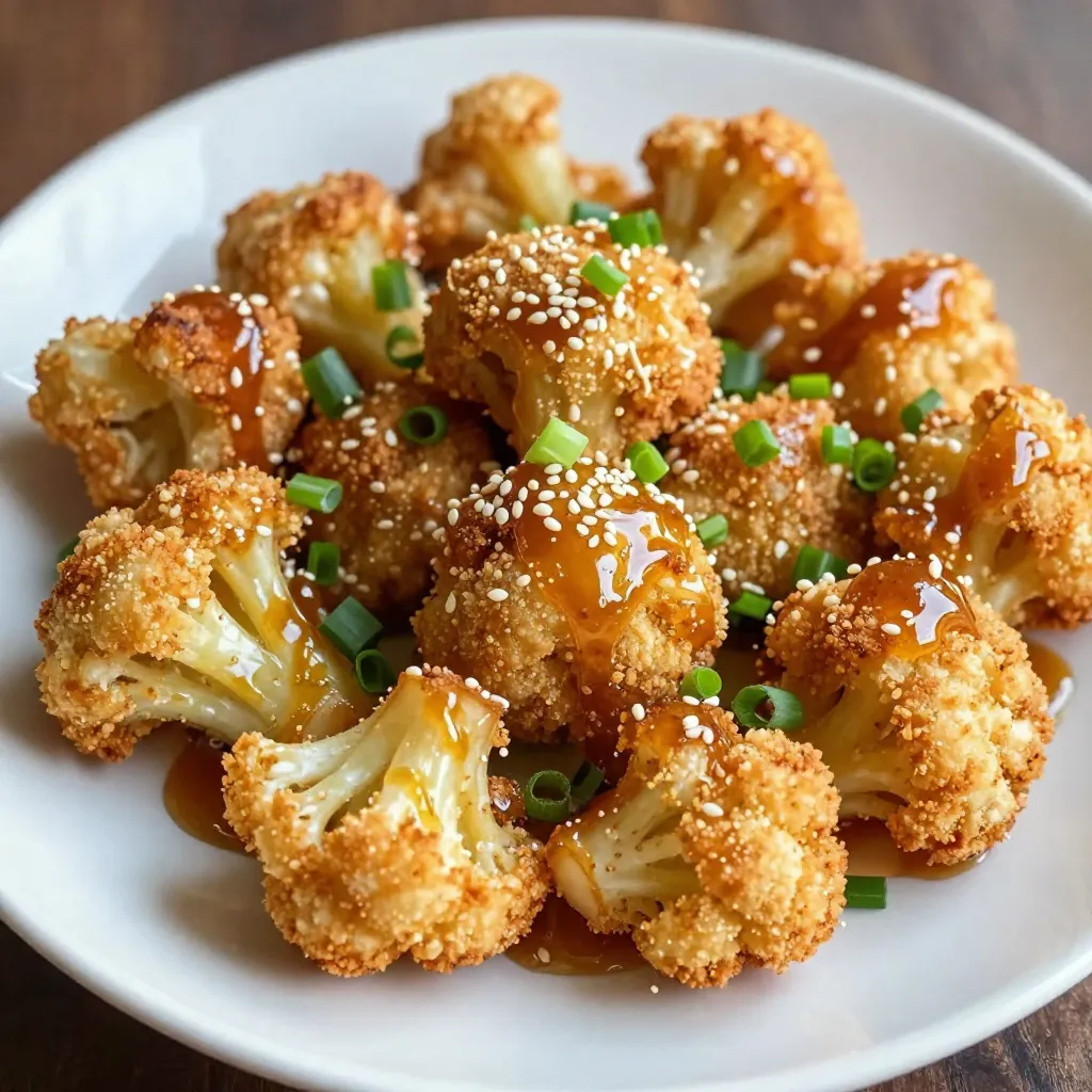 - 1 medium head of cauliflower, cut into bite-sized florets - 1/2 cup honey - 3 tablespoons soy sauce Cauliflower serves as the star here. It has a great texture and absorbs flavors well. Honey adds sweetness, while soy sauce brings saltiness. Together, they create a tasty combo. - 1/2 cup all-purpose flour - 1/2 cup breadcrumbs (Panko for extra crunch) - 1 teaspoon garlic powder - 1 teaspoon onion powder - 1/2 teaspoon smoked paprika - Salt and pepper to taste The flour helps the spices stick to the cauliflower. Breadcrumbs give a nice crunch. Garlic powder and onion powder boost the flavor. Smoked paprika adds a hint of smokiness. Don't forget to season with salt and pepper! - Sesame seeds - Green onions, chopped These garnishes add a pop of color and flavor. Sesame seeds give a nutty taste, and green onions add freshness. Together, they make your dish look and taste even better. {{ingredient_image_1}} First, preheat your oven to 425°F. This high heat helps the cauliflower get crispy. While the oven warms up, line a baking sheet with parchment paper. This will make clean-up super easy. Next, take your cauliflower florets and place them in a large bowl. Toss them with 1/2 cup of all-purpose flour. Add 1 teaspoon of garlic powder, 1 teaspoon of onion powder, and 1/2 teaspoon of smoked paprika. Sprinkle in some salt and pepper to taste. Mix it all well so every piece is covered. Now, coat the flour-covered cauliflower in 1/2 cup of breadcrumbs. I recommend using Panko breadcrumbs here for extra crunch. Make sure each floret is fully covered. Then, arrange the coated florets evenly on your baking sheet. Place the baking sheet in your preheated oven. Bake the cauliflower for 25 to 30 minutes. Flip them halfway through. This step helps them brown evenly. While the cauliflower bakes, let’s make the honey garlic sauce. In a small saucepan, whisk together 1/2 cup of honey, 3 tablespoons of soy sauce, 2 tablespoons of apple cider vinegar, and 2 minced garlic cloves. Heat it over medium heat until it simmers. Then, lower the heat and let it thicken for about 5 to 7 minutes. When the cauliflower is done baking, take it out of the oven. Drizzle the honey garlic sauce over the hot florets. Toss them gently to coat every piece. Your honey garlic cauliflower bites are now ready to serve! To make your honey garlic cauliflower bites super crispy, use Panko breadcrumbs. They add extra crunch and texture. Make sure each floret is evenly coated. This helps them bake beautifully and stay crisp. You can boost the flavor by adding spices like cayenne pepper or cumin. Fresh herbs like cilantro or parsley also work well. Adjust the sweetness with more or less honey. Balance the saltiness by tasting as you go. To reheat leftovers, use the oven. Preheat to 350°F and bake for about 10 minutes. This keeps them crispy. Serve with a side of dipping sauce or on a salad. Try adding a sprinkle of crushed red pepper for some heat. Pro Tips Choose the Right Cauliflower: Opt for a medium to large head of cauliflower that is firm and free from blemishes for the best texture. For Extra Crunch: Use Panko breadcrumbs instead of regular breadcrumbs to achieve a crunchier coating on your cauliflower bites. Perfectly Thicken Your Sauce: Allow the honey garlic sauce to simmer and thicken on low heat; this enhances the flavor and ensures it coats the cauliflower beautifully. Garnishing Tips: For a fresh touch, add a squeeze of lime juice over the finished dish before serving for an extra burst of flavor. {{image_2}} For gluten-free options, swap all-purpose flour with almond flour or a gluten-free blend. For breading, use gluten-free panko or crushed rice cereal. This way, you can still enjoy the crunch. If you want a vegan dish, replace honey with maple syrup or agave nectar. These sweeteners work well and keep the flavor balanced. You can also use soy sauce or tamari for a gluten-free alternative. To spice things up, add sriracha or red pepper flakes to the honey garlic sauce. This will give your bites a nice kick. You can mix in some chili paste for extra heat too. If you prefer a different sweetness, try using coconut sugar or brown sugar. Both will add depth to the sauce. You can also experiment with fruit-based sweeteners like date syrup for a unique twist. For a quicker option, try air frying the cauliflower. Preheat your air fryer to 400°F (200°C) and cook for about 15-20 minutes. This method gives you a great crunch without using as much oil. You can also cook the cauliflower on the stovetop. Simply sauté the florets in a pan with a bit of oil. Cook until they are golden brown and tender. This method is quicker and still very tasty. You can store honey garlic cauliflower bites in the fridge for up to three days. Place them in an airtight container to keep them fresh. Make sure they cool down before sealing the container. This helps prevent moisture buildup. If you want to save some bites for later, freezing is a great idea. First, let the bites cool completely. Then, place them in a single layer on a baking sheet. Freeze for one hour. After that, transfer them to a freezer-safe bag or container. They can last up to three months in the freezer. Label the bag with the date, so you know when to use them. To reheat your cauliflower bites, the oven is the best choice. Preheat it to 350°F (175°C). Arrange the bites on a baking sheet. Heat them for about 10-15 minutes until they are warm and crispy again. You can also use an air fryer for a quick option. Just heat them for about 5-7 minutes at 350°F (175°C) to get that crunch back. Avoid using the microwave, as it can make them soggy. Yes, you can use frozen cauliflower. First, thaw the florets completely. Drain any excess water to avoid sogginess. Pat them dry with a towel. Then, follow the same coating and baking steps as fresh cauliflower. This method works well, but you may need to bake them a bit longer to ensure they get crispy. To add heat, mix in red pepper flakes or cayenne pepper. Start with a small amount and taste as you go. You can also add sriracha or chili garlic sauce to the honey garlic sauce for a spicy kick. Adjust the spice level to suit your taste. Honey garlic cauliflower bites pair well with several dips. Here are a few ideas: - Ranch dressing for a creamy touch - Sweet chili sauce for extra sweetness - Soy sauce mixed with a bit of sesame oil for a savory flavor - Spicy mayo for a zesty bite These dips will enhance the flavors of your bites and make them even more enjoyable. This blog post covered how to make honey garlic cauliflower bites. We explored the main ingredients, the coating and spice mix, and the garnish. I provided detailed step-by-step instructions for baking, making sauce, and tips for crispiness. You also learned about variations, storage options, and key FAQs. These bites are tasty and easy to customize. Experiment with flavors and share with friends. Enjoy your cooking adventure!