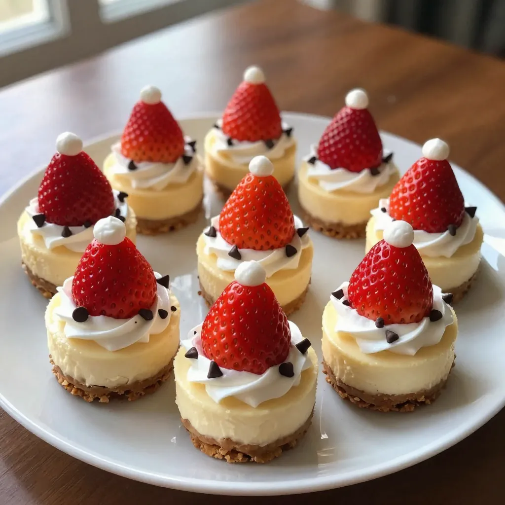 To make Santa Hat Cheesecake Bites, you need simple yet tasty ingredients. Here’s what you will need: - 1 cup finely crushed graham crackers - 3 tablespoons unsalted butter, melted - 8 oz cream cheese, softened - 1/2 cup powdered sugar - 1 teaspoon vanilla extract - 1 cup whipped cream (plus extra for topping) - 1 cup strawberries, hulled and tops removed - Mini chocolate chips for garnish These ingredients work together to create a creamy and fun dessert that looks festive. You can add extra touches to make your cheesecake bites stand out. Here are some ideas: - A drizzle of chocolate sauce around the platter - Fresh mint leaves for color - More whipped cream at the base of each strawberry These garnishes add flair and flavor to your bites. If you need to swap out any ingredients, here are some options: - Use graham cracker crumbs for a smoother crust. - Swap cream cheese for mascarpone for a different texture. - For a gluten-free option, use gluten-free graham crackers. - If you want a lighter version, use Greek yogurt instead of cream cheese. These substitutes keep the recipe flexible and fun to make! {{ingredient_image_1}} To start, gather your ingredients for the crust. You need 1 cup of finely crushed graham crackers and 3 tablespoons of melted unsalted butter. In a mixing bowl, combine these two. Mix them well until the crumbs are coated in butter. This makes a tasty base for our cheesecake bites. Next, grab a muffin tin and line it with mini cupcake liners. Take a tablespoon of the crust mixture and press it firmly into each liner. This forms the bottom of your bites. Now, place the muffin tin in the fridge for 15 to 20 minutes. This helps the crust firm up nicely. Now, let’s move on to the cheesecake filling. You will need 8 ounces of softened cream cheese in a large mixing bowl. Beat it until it's smooth and creamy. Then, add in 1/2 cup of powdered sugar and 1 teaspoon of vanilla extract. Mix these together until they blend well. Next, take 1 cup of whipped cream and gently fold it into your mixture. This step makes your filling light and fluffy. Be careful not to stir too hard; you want to keep that airy texture. We are almost there! Now, it’s time to assemble the bites. Spoon or pipe the cheesecake filling over the chilled graham cracker crusts. Fill them generously, as this is the star of the show. Next, grab your hulled strawberries. Place one upside down on each cheesecake bite. This will look like a Santa hat! For extra flair, add a small dollop of whipped cream at the base of each strawberry. This mimics the fur of Santa's hat. To make these bites even more festive, sprinkle mini chocolate chips on top of the whipped cream. This creates a cute little bobble for the hat. Once you finish assembling, chill the bites in the fridge for at least 2 hours. This helps them set. When ready to serve, arrange the cheesecake bites on a festive platter. You might even drizzle some chocolate sauce around for a beautiful touch. Fresh mint leaves can add a pop of color too! Enjoy your holiday treat! To get a smooth and creamy cheesecake, start with softened cream cheese. Cold cream cheese will not mix well. Beat the cream cheese until there are no lumps. This step is key. Adding powdered sugar next helps to sweeten it up. Mix until fully combined. When you fold in whipped cream, do it gently. This keeps the mixture light and airy. Make your Santa Hat Cheesecake Bites pop with fun decorations. Use fresh strawberries turned upside down for the hat shape. Add a dollop of whipped cream at the bottom for a fluffy look. For a fun touch, sprinkle mini chocolate chips on top. This makes the bites look like they have a little bobble. Arrange them on a bright platter for a festive feel. Drizzling chocolate sauce around the bites adds a nice touch too. Avoid using cold cream cheese; it clumps. If you rush mixing, you may get lumps. Don’t skip chilling the crust. It helps the bites hold their shape. Be careful not to overfold the whipped cream. If you do, the filling may lose its fluffiness. Lastly, don’t forget to chill the assembled bites for at least two hours. This helps them set properly. Pro Tips Chill the Cheesecake Filling: For a firmer texture, chill the cheesecake filling for about 30 minutes before assembling the bites. Use Fresh Strawberries: Choose ripe, fresh strawberries to ensure the best flavor and presentation for your Santa hats. Whipped Cream Alternatives: For a lower-calorie option, consider using a light whipped topping or Greek yogurt in place of whipped cream. Decorative Touch: Enhance the festive look by adding edible glitter to the whipped cream for a sparkling effect! {{image_2}} You can switch up the cheesecake filling to create new flavors. Instead of plain cheesecake, try adding lemon juice or zest for a bright, zesty twist. You can also mix in melted chocolate for a rich chocolate cheesecake. If you like fruit flavors, add pureed raspberries or blueberries to the filling. This will give your bites a delicious fruity taste. While strawberries are perfect for Santa hats, you can use other fruits too. For a tropical flair, try using pineapple or kiwi. If you want a winter touch, consider pomegranate seeds for a pop of color. Each fruit adds its own flavor and look, making your cheesecake bites even more festive and fun. To make these cheesecake bites gluten-free, use gluten-free graham crackers or crushed nuts for the crust. Almond flour works great as a nutty base. Make sure all other ingredients, like cream cheese and whipped cream, are gluten-free. This way, everyone can enjoy this festive treat without worry. To keep your Santa Hat Cheesecake Bites fresh, store them in an airtight container. Place a layer of wax paper between layers to avoid sticking. Keep them in the fridge for up to three days. This way, the bites stay cool and creamy. If you want to keep your cheesecake bites longer, freezing is a great option. Place the bites in a single layer on a baking sheet. Freeze them for about one hour until firm. Then, transfer them to a freezer-safe bag. They can last for up to a month in the freezer. Just remember to label the bag with the date. These cheesecake bites are best served cold. If you want to serve them warm, let them sit at room temperature for 10-15 minutes. This brings back their creamy texture. You can also add a fresh whipped cream dollop on top before serving. It adds a nice touch and extra flavor. Enjoy these festive treats anytime during the season! Yes, you can make these cheesecake bites ahead of time. Prepare them up to two days in advance. Just store them in the fridge. This helps the flavors blend well. You can also keep the crust and filling separate. Assemble them the day you serve. Yes, you can create a vegan version. Use vegan cream cheese and coconut whipped cream. Substitute melted coconut oil for butter. Use agave syrup instead of powdered sugar. These swaps keep the taste and texture similar. You can add more colors and flavors. Use colored sprinkles or edible glitter. Drizzle melted chocolate on top. You can also use flavored whipped cream. Peppermint or raspberry adds a fun twist. These bites are perfect for holiday parties and family gatherings. They are great for Christmas and New Year’s celebrations. Serve them at potlucks or cookie swaps. Their fun design impresses guests of all ages. In this post, we explored how to make Santa Hat Cheesecake Bites. We covered key ingredients, step-by-step instructions, and helpful tips. You learned about various garnishes and substitutes. We also discussed storage and variations for your bites. These festive treats are fun to make and share. With these easy steps, you can impress family and friends. Enjoy making your Santa Hat Cheesecake Bites this season!