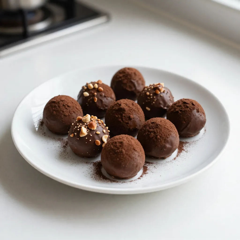 To make Easy Coffee Truffles, you will need a few simple ingredients. Here’s the list you will want to gather: - 8 oz (227g) dark chocolate, chopped - 1/2 cup (120ml) heavy cream - 2 tablespoons instant coffee granules - 1 teaspoon vanilla extract - Cocoa powder, for dusting - Finely chopped nuts (almonds or hazelnuts) for coating (optional) These ingredients come together to create a rich and tasty treat. The dark chocolate gives the truffles a bold flavor. The heavy cream adds creaminess, making each bite smooth. Instant coffee granules bring a strong coffee taste that pairs perfectly with chocolate. A hint of vanilla extract rounds out the flavor. If you want some crunch, consider adding chopped nuts. They add texture and a nutty taste that complements the chocolate. Use your favorite nuts, like almonds or hazelnuts, to make them your own. Gather these items, and you are ready to dive into making these delightful truffles! {{ingredient_image_1}} 1. In a small saucepan, heat the heavy cream over medium heat until it just begins to simmer. You want to watch closely to avoid boiling. 2. Once it simmers, remove the saucepan from heat. Stir in the instant coffee granules. Keep mixing until they dissolve fully. This step adds rich coffee flavor to your truffles. 1. Place the chopped dark chocolate in a mixing bowl. Pour the hot coffee-infused cream over it. Let it sit for about 2 minutes. This helps the chocolate soften and melt. 2. After 2 minutes, add the vanilla extract to the bowl. Stir the mixture until the chocolate is smooth and fully melted. The vanilla adds a nice depth to the flavor. 1. Cover the bowl with plastic wrap. Refrigerate for about 1-2 hours. This cooling makes the mixture firm enough to handle. 2. Once chilled, use a small scoop or spoon to take out the chocolate mixture. Roll it into small balls, about 1 inch in diameter. 3. Roll half of the truffles in cocoa powder. Roll the other half in finely chopped nuts for extra crunch and flavor. 4. Place the finished truffles on a baking sheet lined with parchment paper. Refrigerate them for another 30 minutes before serving. Enjoy your delightful coffee truffles! To get the best texture for your truffles, let the mixture chill properly. After mixing, cover the bowl and place it in the fridge for 1-2 hours. This time allows the chocolate to firm up. The mixture is ready when it holds its shape but is still soft enough to roll. Check by scooping a small amount. If it forms a nice ball, you are good to go. When rolling truffles, use clean hands to avoid melting the chocolate. Start by rolling the mixture into balls. For cocoa powder, place it in a shallow dish. Gently roll each truffle in the cocoa, making sure to coat it well. You can also use finely chopped nuts for a crunchy texture. A mix of both coatings adds fun and flavor. To present your truffles, arrange them on a pretty plate or in a decorative box. Dust them lightly with cocoa for a nice look. You can even sprinkle a few coffee beans around for a fancy touch. For drinks, serve with coffee or a rich dessert wine. The flavors will blend perfectly and impress your guests! Pro Tips Use Quality Chocolate: The flavor of your truffles heavily depends on the quality of chocolate you use. Opt for high-quality dark chocolate for the best taste. Chill the Mixture Properly: Make sure to refrigerate the chocolate mixture until it's firm enough to handle. This will make rolling the truffles much easier. Experiment with Coatings: Don't limit yourself to cocoa powder or nuts. Try rolling the truffles in coconut flakes, crushed coffee beans, or even powdered sugar for different flavors and textures. Store Correctly: Keep the truffles in an airtight container in the refrigerator. They can last up to two weeks, and the flavors often deepen over time. {{image_2}} You can boost the taste of your coffee truffles in fun ways. Try adding other flavor extracts. A drop of almond or hazelnut extract makes a big difference. You can also mix in some liqueurs for an adult twist. Coffee liqueur pairs well with the chocolate. Just remember to keep the balance right. Coating your truffles can be a creative process. You don’t have to stick with cocoa powder. Try using powdered sugar or matcha for a unique touch. Finely chopped nuts like almonds or hazelnuts add crunch. You can also roll them in colorful sprinkles or shredded coconut for a fun look. Want a healthier version? Use sugar-free chocolate to cut calories. This keeps the truffles rich without the added sugar. If you need a dairy-free option, look for coconut cream instead of heavy cream. This change still gives you that creamy texture. Enjoy your treats without the guilt! To keep your coffee truffles fresh, store them at room temperature. Place them in an airtight container. This keeps them from drying out. Avoid direct sunlight and heat. They will last about three days this way. For longer storage, refrigeration is best. Place the container in the fridge. This can help the truffles last up to two weeks. Just make sure to let them sit at room temperature for a few minutes before serving. This helps them regain their soft texture. You can also freeze your truffles for later enjoyment. Start by placing them in a single layer on a baking sheet. Freeze them for about one to two hours. Once they are firm, transfer the truffles to a freezer-safe bag. Be sure to remove as much air as possible to avoid freezer burn. When you are ready to enjoy them, take the truffles out. Let them thaw in the fridge overnight. This keeps them from becoming too soft. You can then serve them cold or let them sit out for a bit before eating. Yes, you can use milk chocolate. It will make the truffles sweeter and creamier. The coffee flavor may be less strong. If you like a sweeter treat, milk chocolate is a good choice. Just remember, the texture might change slightly. These truffles can last up to one week in the fridge. Store them in an airtight container. They can also sit at room temperature for a few days. Just keep them cool and dry to maintain their quality. Yes, you can make these truffles vegan. Use dark chocolate with no dairy. Replace heavy cream with coconut cream or almond milk. Adjust the amount based on thickness. Make sure to check labels for any dairy ingredients. If you lack heavy cream, use full-fat coconut milk. It adds a nice flavor and creaminess. Another option is to blend silken tofu for a lower-fat alternative. Both options work well in this recipe. Definitely! Skip the coffee granules to make coffee-free truffles. You can replace them with a splash of milk or a flavor extract. Options like almond or hazelnut extract add great taste without coffee. You can now make delicious coffee-infused truffles with ease. We covered key ingredients like dark chocolate, cream, and coffee. The step-by-step instructions guide you from heating cream to rolling the truffles. Use my tips to perfect your texture and explore fun variations. Think about storage options to keep them fresh. In the end, these truffles are tasty treats perfect for any occasion. Enjoy the process and share with others!