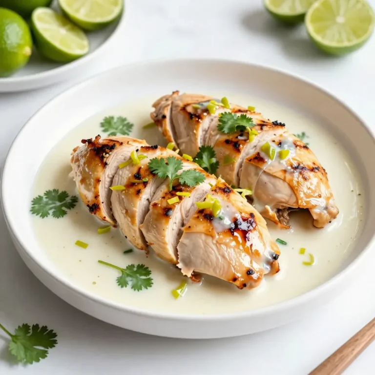 - 4 boneless, skinless chicken breasts - 1 can (13.5 oz) coconut milk - Zest of 2 limes - Juice of 2 limes - 3 garlic cloves, minced - 1 tablespoon ginger, grated - 1 tablespoon brown sugar - 1 teaspoon salt - 1 teaspoon black pepper - 1 tablespoon olive oil - Fresh cilantro, for garnish To make coconut lime chicken, start with fresh chicken breasts. They are the star of this dish. The marinade gives the chicken its tasty flavor. You will need a can of coconut milk. This rich ingredient adds creaminess. The zest and juice of two limes bring tanginess. The garlic and ginger add depth. Brown sugar balances the flavors, while salt and pepper enhance them. Don’t forget the olive oil! It helps with cooking and adds richness. Finally, fresh cilantro makes the dish pop. It adds color and freshness. Gather all these ingredients, and you are ready to create a delicious meal! {{ingredient_image_1}} To start, I whisk together the marinade ingredients. In a large bowl, combine the coconut milk, lime zest, lime juice, minced garlic, grated ginger, brown sugar, salt, and black pepper. This mixture creates a sweet and tangy flavor that will soak into the chicken. Next, I place the chicken breasts into the bowl. I ensure each piece is fully coated in the marinade. Then, I cover the bowl and put it in the fridge for at least one hour. If you have more time, let it marinate overnight. This extra time helps the flavors blend deeply into the chicken. Now it's time to cook! I preheat my grill or skillet over medium-high heat. I add a tablespoon of olive oil to the pan or grill. This oil helps prevent sticking and adds flavor. After the grill is hot, I take the chicken out of the marinade. I let any extra marinade drip off before placing it on the grill. I cook each side for about 6-7 minutes. I aim for an internal temperature of 165°F (74°C). This temperature ensures the chicken is safe to eat and juicy. To get nice grill marks, I avoid moving the chicken too much while it cooks. Once the chicken is cooked, I remove it from the heat and let it rest for about 5 minutes. This resting time helps the juices settle back into the meat. After resting, I slice the chicken and drizzle some of the reserved marinade over it. I always use marinade that has not touched raw chicken. Finally, I garnish the dish with freshly chopped cilantro. This adds a lovely color and a burst of fresh flavor. To get the best flavor from your coconut lime chicken, marinate it for at least one hour. For even more taste, let it sit overnight. This gives the chicken time to soak up all the yummy coconut and lime flavors. You can adjust the marinade to fit your taste. Want it sweeter? Add more brown sugar. Enjoy more zing? Squeeze in more lime juice. You have two great options for cooking: grilling or using a skillet. If you grill, you get those nice grill marks. This makes your chicken look great and adds flavor. If you choose a skillet, use medium-high heat and add olive oil. Both methods will keep your chicken juicy. Always check the chicken’s internal temperature. It should reach 165°F (74°C). This means it’s safe to eat. Now that your chicken is ready, think about sides. Coconut lime chicken pairs well with rice, beans, or a fresh salad. These sides add color and nutrition to your meal. For presentation, slice the chicken into strips. This makes it easy to serve and looks nice on the plate. Drizzle some reserved marinade over the top for extra flavor. Finish with fresh cilantro for a burst of green. It’s not just tasty; it looks great too! Pro Tips Marinate Longer for More Flavor: For the best flavor, marinate the chicken overnight. This allows the coconut and lime flavors to deeply penetrate the meat. Check for Doneness: Use a meat thermometer to ensure your chicken reaches an internal temperature of 165°F (74°C) for safe consumption. Rest the Chicken: Letting the chicken rest for 5 minutes after cooking helps retain its juices, resulting in a more succulent bite. Customize Your Marinade: Feel free to add additional spices or herbs to the marinade, like chili flakes for heat or lemongrass for an extra citrusy flavor. {{image_2}} You can change the protein in this dish. Shrimp works great. It cooks fast and tastes amazing. For a plant-based option, use tofu. Cut it into cubes and marinate just like the chicken. If you want a dairy-free option, use coconut milk as your base. It adds creaminess without any dairy. You can also try nut-based milk if you like. To make the taste pop, add spices. Try cayenne pepper for heat or cumin for warmth. Fresh herbs like basil or mint can also make a big difference. Want to switch up the citrus? Use oranges or lemons. They add a nice twist to the dish. Each option brings a new flavor experience. You can bake this chicken in the oven too. Preheat to 400°F (200°C). Place the marinated chicken on a baking sheet. Bake for 25-30 minutes, or until cooked through. If you prefer a slow cooker, place the chicken and marinade inside. Cook on low for 4-6 hours. This method makes the chicken super tender and full of flavor. After enjoying your coconut lime chicken, store any leftovers right. Keep the chicken in shallow containers. This helps it cool fast. Cover the containers tightly with lids or plastic wrap. You can also use freezer bags. Make sure to squeeze out the air to avoid freezer burn. To keep your chicken moist, use gentle heat. The stovetop is best for reheating. Just add a splash of water or broth in the pan. Cover it to lock in steam. This way, the chicken stays juicy. The microwave is quicker but can dry out the chicken. If you use it, heat in short bursts. Check often to avoid overcooking. You can freeze raw or cooked chicken. If freezing raw, wrap it tightly in plastic. This helps prevent freezer burn. For cooked chicken, let it cool first. Then, place it in airtight containers. When you’re ready to use it, thaw safely in the fridge overnight. Never thaw at room temperature. This keeps bacteria from growing. Can I use frozen chicken for this recipe? Yes, you can use frozen chicken. Just remember to thaw it first. Thawing helps the chicken soak up more flavor from the marinade. Place the frozen chicken in the fridge overnight or use the microwave's defrost setting. What should I serve with coconut lime chicken? Coconut lime chicken pairs well with many sides. I recommend serving it with rice or a fresh salad. You can also add grilled veggies for a colorful plate. The bright flavors of lime and coconut complement these options nicely. How can I tell if the chicken is fully cooked? You can check if the chicken is done by using a meat thermometer. It should read 165°F (74°C) in the thickest part. If you don’t have a thermometer, check if the meat is no longer pink inside. Juices should run clear. Can I make this recipe ahead of time? Yes, you can make this dish ahead of time. Marinating the chicken overnight enhances the flavor. You can also cook the chicken in advance and store it in the fridge. Just reheat it gently when you're ready to serve. This guide covered all you need to cook a great coconut lime chicken. We talked about choosing the right ingredients and making the marinade. I shared steps for grilling or cooking on a skillet, along with tips for juicy chicken. You learned about storing leftovers and quick reheating methods. Try the variations for new flavors. With practice, you’ll master this dish. Enjoy making it your own.
